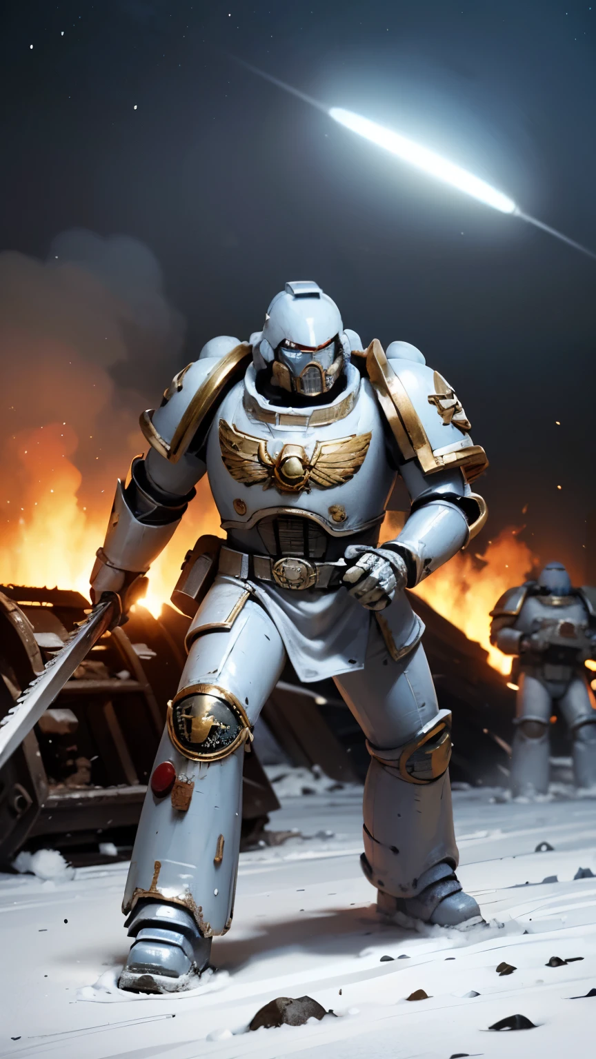 A light-blue and white space marine troop, in an ice plain, during a snowstorm, ((light-blue and white armor, St99rong suit , dramatic light, space marine, light blue armor, fighting pose, snowstorm, snow mountains in the background, a dreadnout in the background, space marine mask, chainsaw sword, strong man, masterpiece, space marine,(Epic armor, metal reflections), hdr, best quality, uhd, 8k resolution, best light, realistic, detailed background, detailed face, detailed hands, full body, (city ruins)(open field surrounded by fire), (alien planet), (spaceships flying in the sky) (white armor highlights) high detailed mask, Warhammer Adeptus, Adeptus Masck