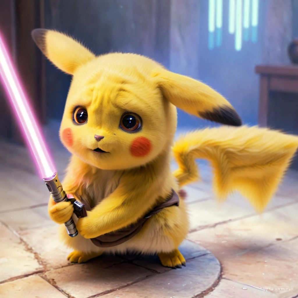 PIKACHU like a Jedi with a lightsaber, PIKACHU holding a lightsaber with both hands, delicate, impressionistic, bright, vivid, colorful, highly detailed, magnificent, heavenly, ethereal, ethereal, celestial, painterly, wonderful, magnificent, magical, fantasy art, Cover art, dreamy, watercolor ethereal fantasy concept art.