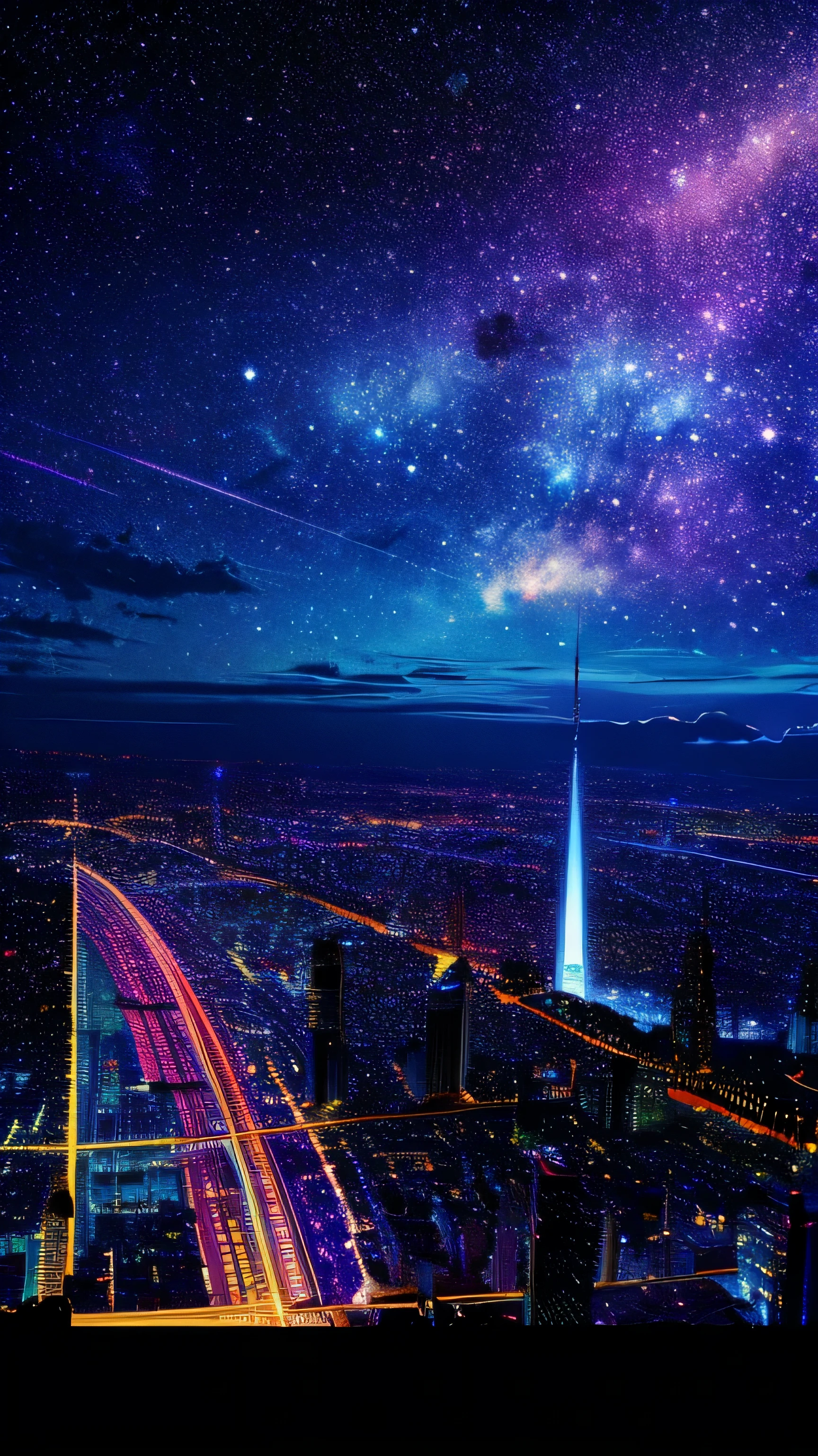 Music score playback、Colorful sheet music is played、 Night view from a high place、Drawing a large number of skyscrapers, Look up at the starry sky. Colorful nebula and colorful metropolis.
