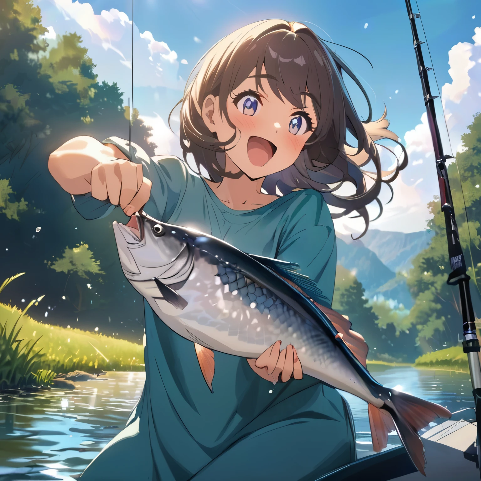 (masterpiece), (highest quality), (super detailed),anime style, On the riverbank, a girl is catching a big fish with her fishing rod, her face filled with surprise and joy, creating an impressive moment. BREAK The sun sparkles on the water's surface, and the fish's scales reflect the light brilliantly. She pulls the rod powerfully, her posture telling the story of the joy of fishing. BREAK The surrounding nature seems to celebrate her success, offering a beautiful scenery.