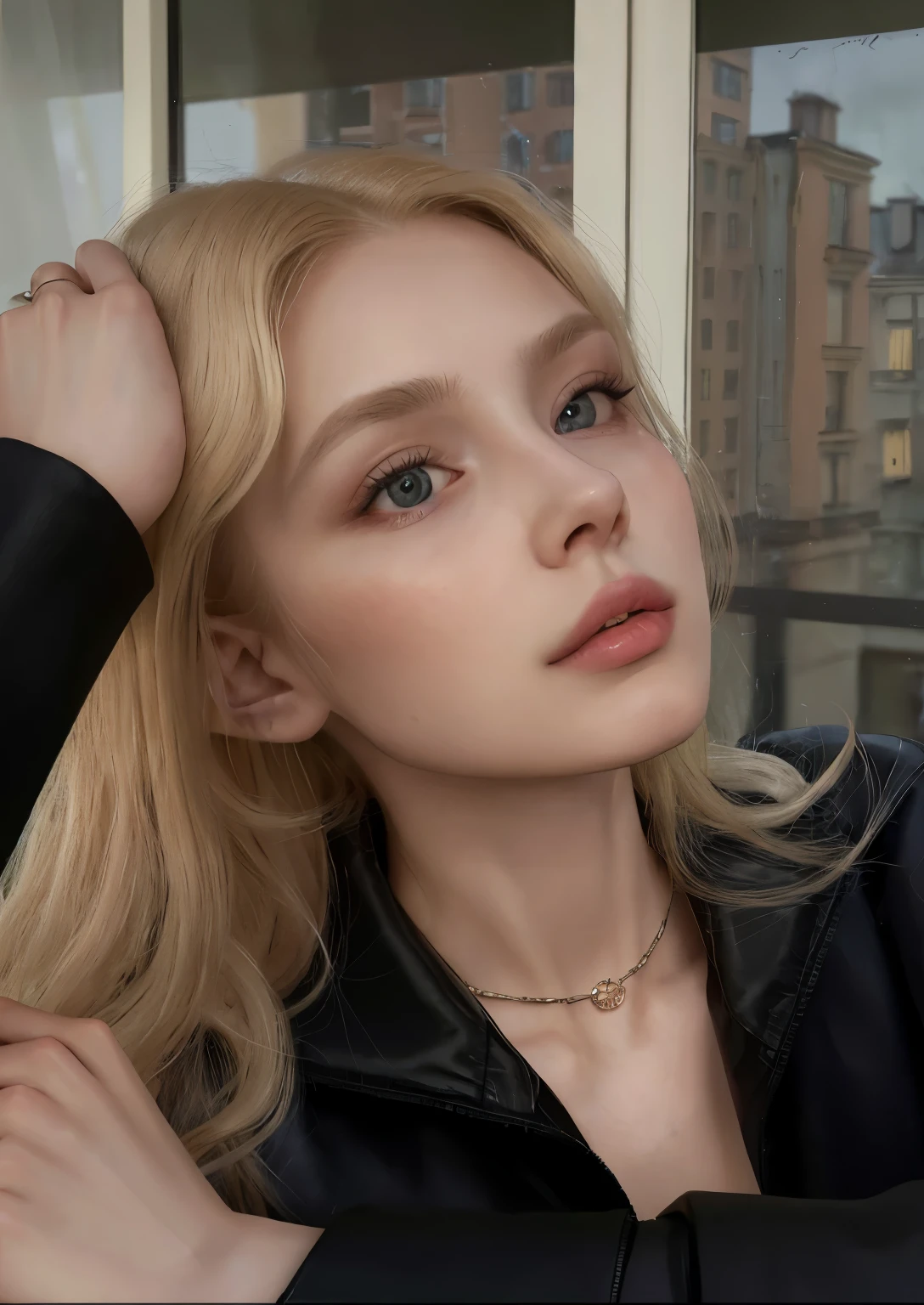 blond woman with long hair and a black jacket looking out a window, yelena belova, angelina stroganova, dasha taran, aleksandra waliszewska, julia gorokhova, anastasia ovchinnikova, style of julia razumova, viktoria gavrilenko, anna nikonova aka newmilky, olga buzova