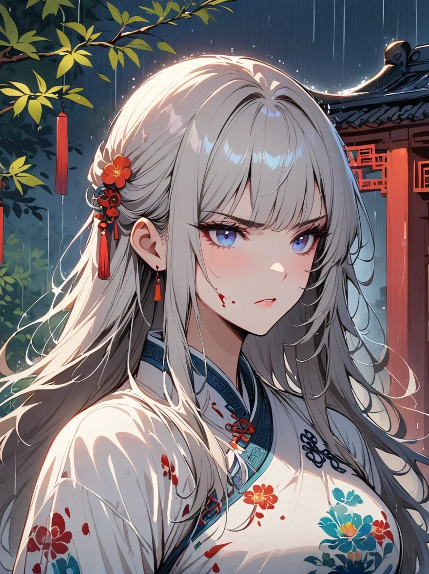 masterpiece, best quality, night, outdoor, rainy days, branch, Chinese style, China, 1 female, mature woman, woman with long silver hair, gray blue eyes, light pink lips, cold, Serious, weak, Bangs, assassin, Short sword, White clothes, Black clothes pattern, Blood stains, Blood, Injuried, Blood on the face, Blood on the clothes, rain, delicate face, delicate face,