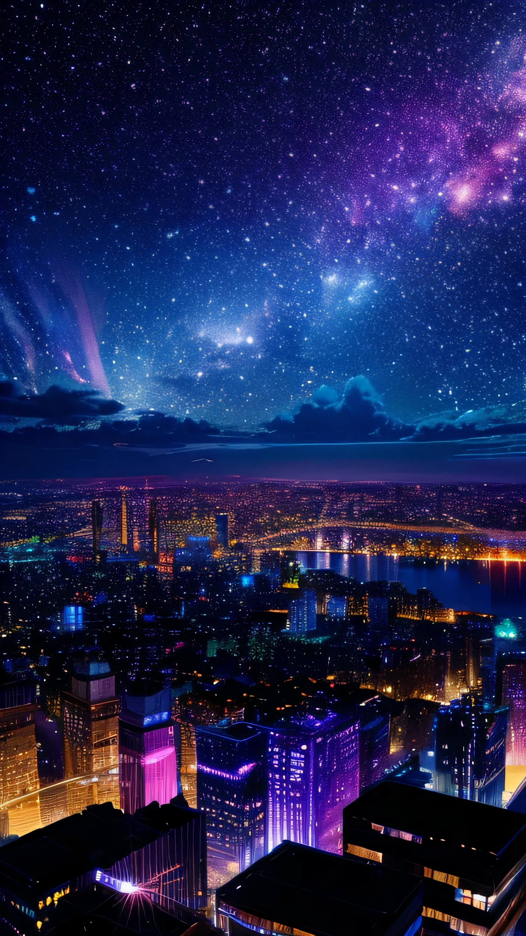 Music score playback、Colorful sheet music is played、 Night view from a high place、Drawing a large number of skyscrapers, Look up at the starry sky. Colorful nebula and colorful metropolis.