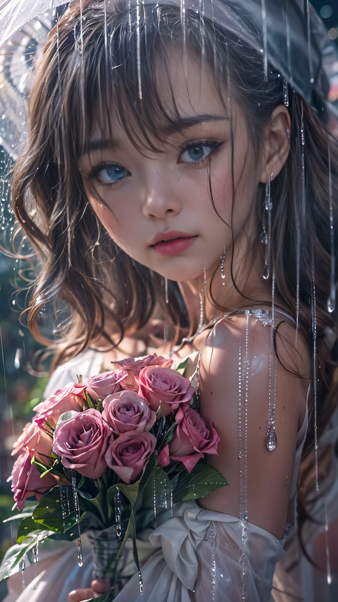 (RAW shooting, Photoreal:1.5, 8K, highest quality, masterpiece, ultra high resolution), ((((Typhoon heavy rain)))), perfect dynamic composition:1.2, (In front of a church at night in a modern city, expression of sadness:1.1, Tears are flowing:1.1, cry with a broken heart:1.1), Highly detailed skin and facial textures:1.2, Slim office lady wet in the rain:1.3, cowboy shot, Fair skin:1.2, sexy beauty:1.1, perfect style:1.2, beautiful and aesthetic:1.1, very beautiful face:1.2, water droplets on the skin, (rain drips all over my body:1.2, wet body:1.2, wet hair:1.3), (Holding a wet bouquet:1.2, wet pink wedding dress:1.3), (Medium chest, bra is see-through, Chest gap), (beautiful blue eyes, Eyes that feel beautiful eros:0.8), (Too erotic:0.9, Bewitching:0.9), necklace, earrings, bracelet