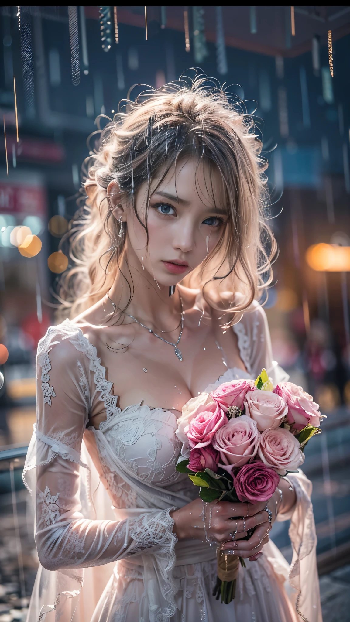 (RAW shooting, Photoreal:1.5, 8K, highest quality, masterpiece, ultra high resolution), ((((Typhoon heavy rain)))), perfect dynamic composition:1.2, (In front of a church at night in a modern city, expression of sadness:1.1, Tears are flowing:1.1, cry with a broken heart:1.1), Highly detailed skin and facial textures:1.2, Slim office lady wet in the rain:1.3, cowboy shot, Fair skin:1.2, sexy beauty:1.1, perfect style:1.2, beautiful and aesthetic:1.1, very beautiful face:1.2, water droplets on the skin, (rain drips all over my body:1.2, wet body:1.2, wet hair:1.3), (Holding a wet bouquet:1.2, wet pink wedding dress:1.3), (Medium chest, bra is see-through, Chest gap), (beautiful blue eyes, Eyes that feel beautiful eros:0.8), (Too erotic:0.9, Bewitching:0.9), necklace, earrings, bracelet