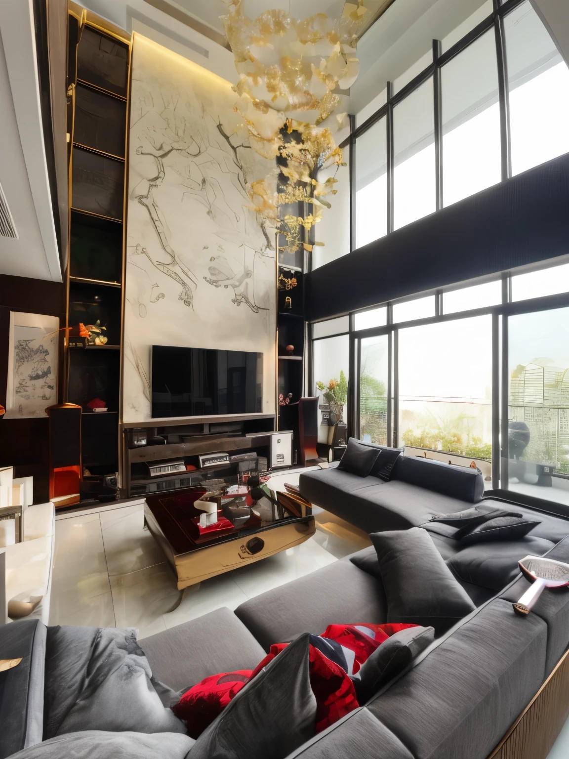 (( masterpiece)) (( ultral realistic)) (( sharp forcus)) (( high detail)) livingroom in indochina style,china , vietnam, black wooden furniture, wallpaper, patent,glossy, ceramic tiles floor,