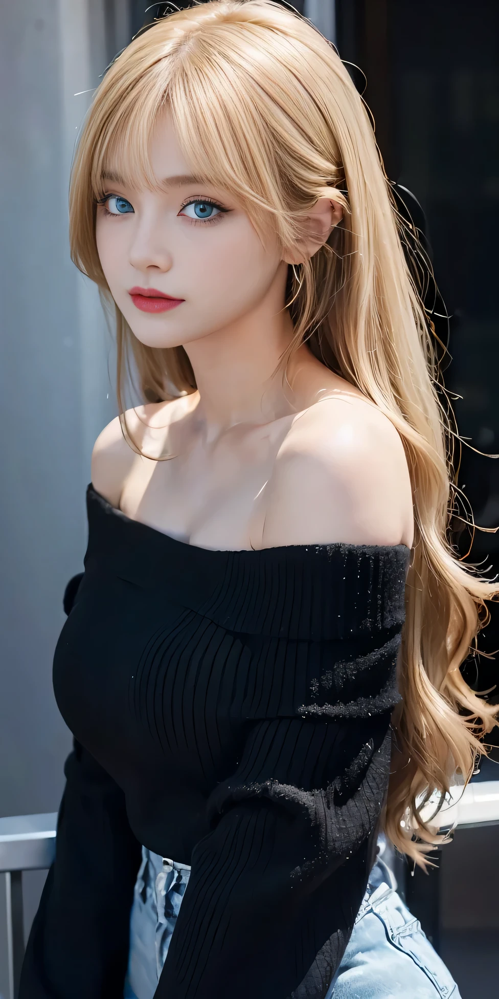 (black off shoulder:1.3),(high resolution:1.0),blonde long hair:1.4,blue eyes:1.2