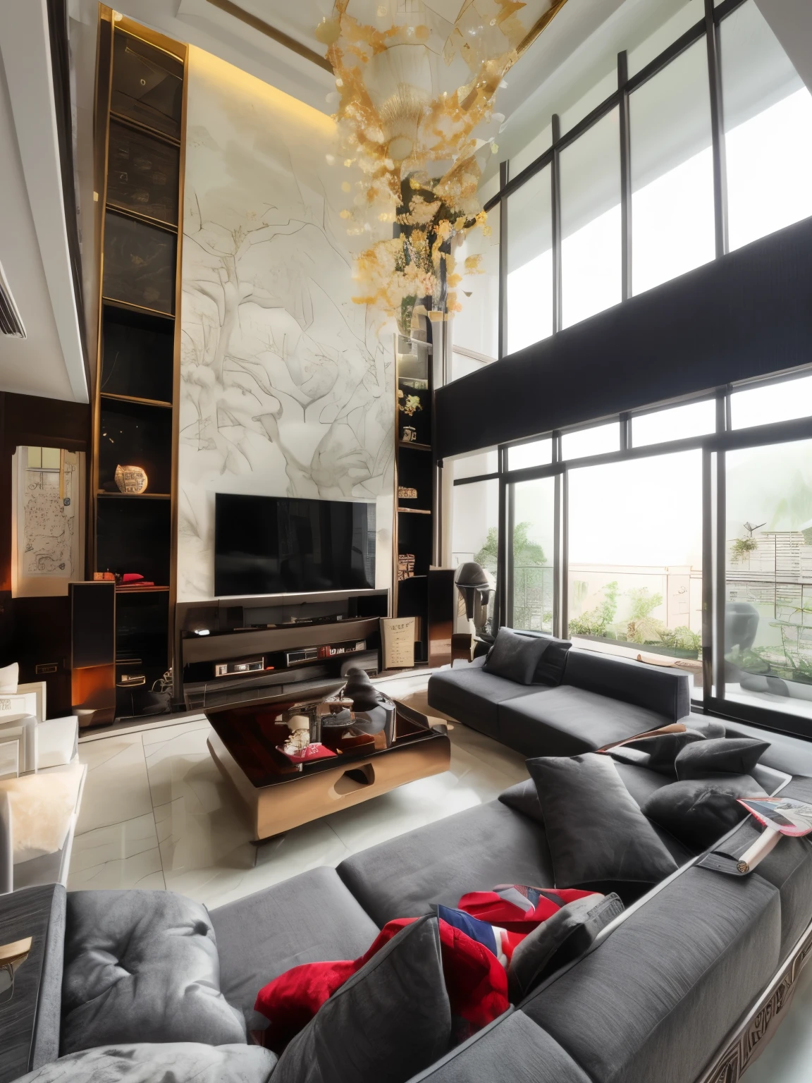 (( masterpiece)) (( ultral realistic)) (( sharp forcus)) (( high detail)) livingroom in indochina style,china , vietnam, black wooden furniture, wallpaper, patent,glossy, ceramic tiles floor,