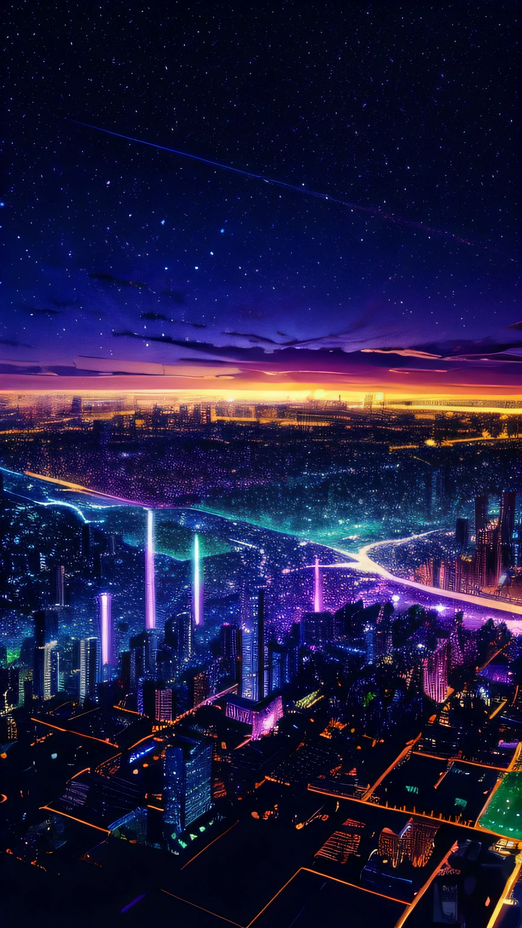 Music score playback、Colorful sheet music is played、 Night view from a high place、Drawing a large number of skyscrapers, Look up at the starry sky. Colorful nebula and colorful metropolis.