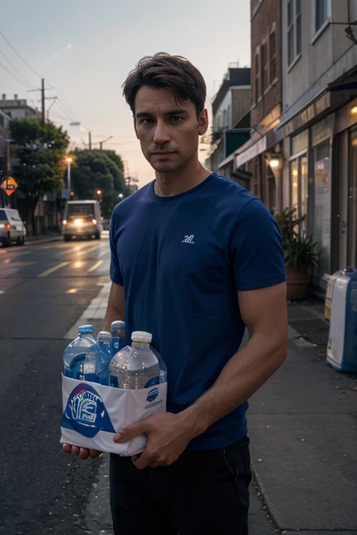 in the foreground, a realist scene unfolds: A man clutches a box of water bottles in his hand, wearing a purple t-shirt. He stands calmly in the middle of the street, framed by the soft glow of the surrounding lamplights. In the background, a delivery truck, laden with similar boxes of water bottles, comes into view. A filmic scene unfolds in 8k resolution, clear sunny day