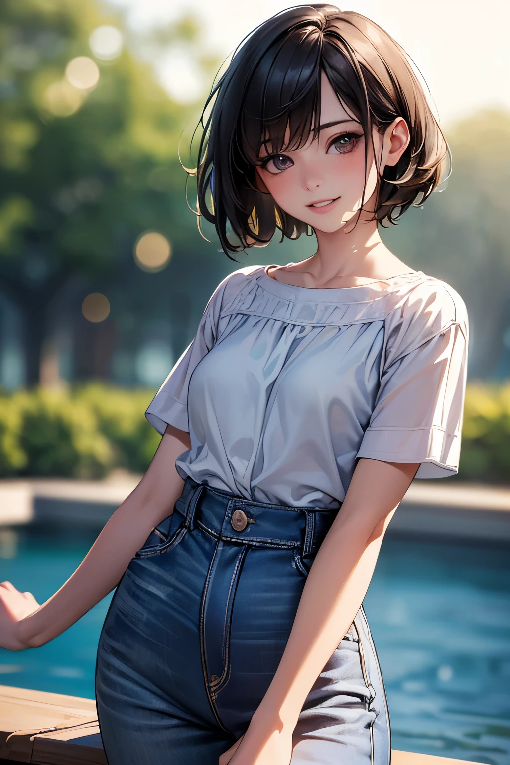 ((masterpiece, high quality)), Promide of a girl with short bob black hair, 15 years old, casual style, cute face, smiling, big black eyes, small nose, plump lips, short hair, straight hair, masterpiece, The background is a refreshing blue sky, (((Bokeh))),Depth of the bounds written, ((8k, RAW photo, highest quality, masterpiece), Professional photos with high-definition RAW color photos, (realistic, photorealism:1. 37), (highest quality), (best shadow), (Best Illustration), ultra high resolution, High-definition CG integrated 8K wallpaper, Physically based rendering, cinematic lighting),