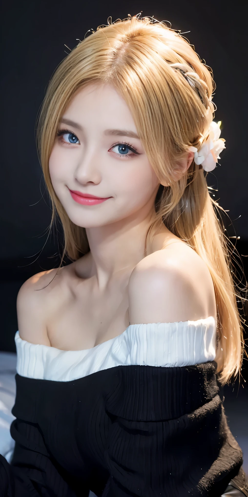 (black off shoulder:1.3),(high resolution:1.0),blonde long hair:1.4,blue eyes:1.2