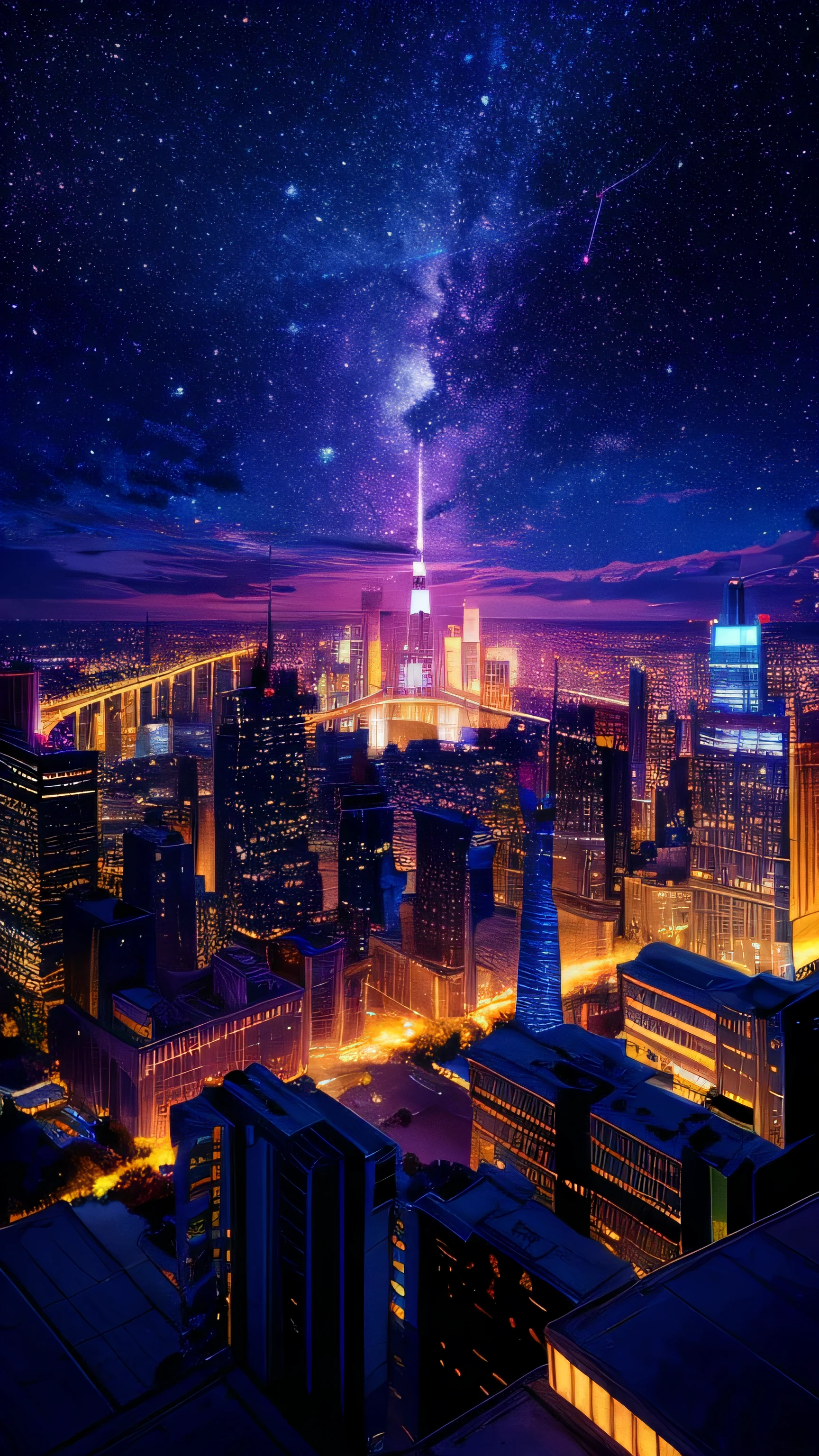 Music score playback、Colorful sheet music is played、 Night view from a high place、Drawing a large number of skyscrapers, Look up at the starry sky. Colorful nebula and colorful metropolis.