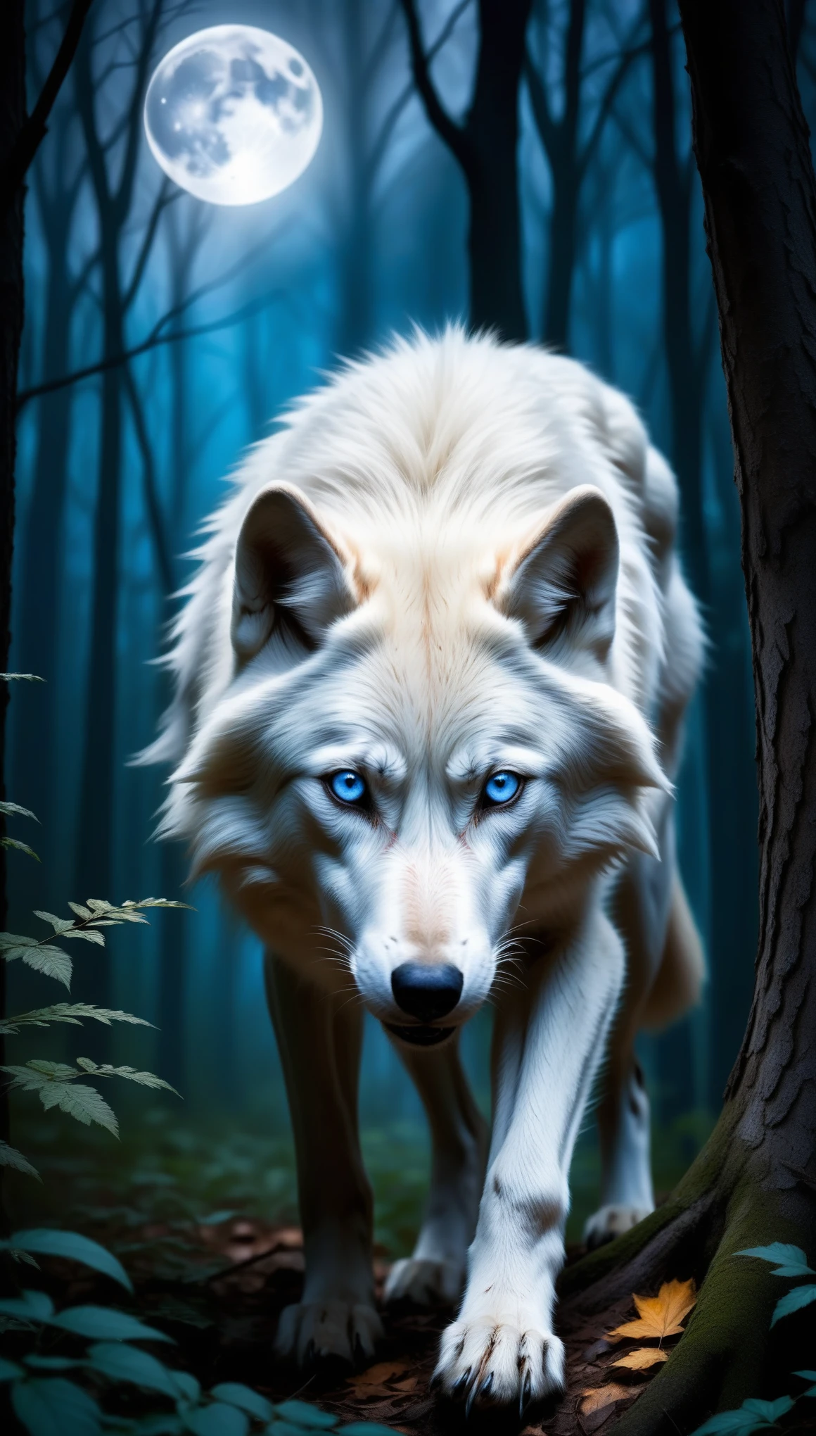 white wolf with blue eyes in the forest,realistic,highres,ultra-detailed,wildlife,night scene,moonlit,ominous shadows,dense foliage,quiet ambiance,majestic creature,poised,alert,sharp-pointed ears,fierce gaze,powerful presence,untamed beauty,ominous,striking contrast,fearsome predator,graceful and stealthy movements,dark and mysterious habitat,howl in the distance,black fur glimmering under moonlight,pristine and untouched environment,mystical atmosphere,vivid colors,whisper of the wind,rustling leaves,slender and muscular frame