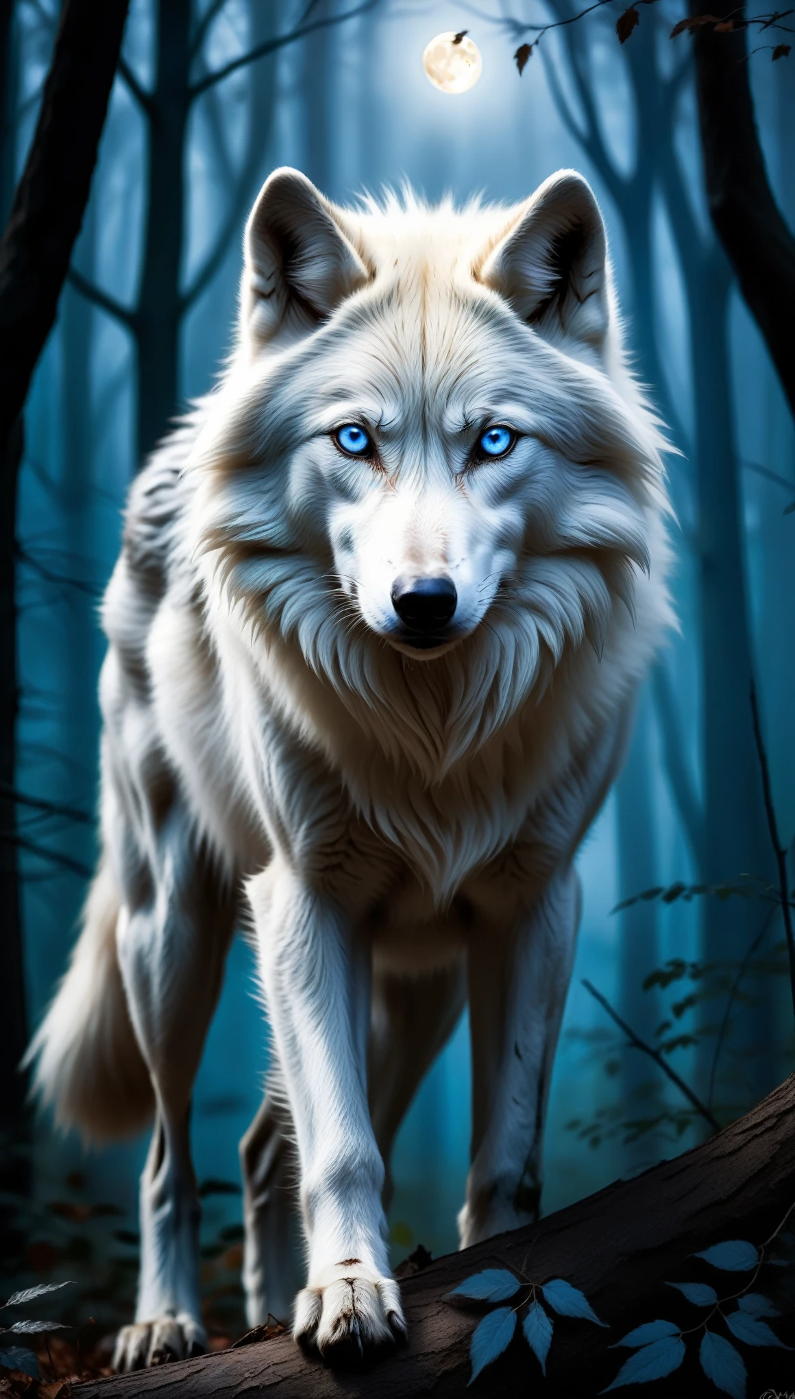 white wolf with blue eyes in the forest,realistic,highres,ultra-detailed,wildlife,night scene,moonlit,ominous shadows,dense foliage,quiet ambiance,majestic creature,poised,alert,sharp-pointed ears,fierce gaze,powerful presence,untamed beauty,ominous,striking contrast,fearsome predator,graceful and stealthy movements,dark and mysterious habitat,howl in the distance,black fur glimmering under moonlight,pristine and untouched environment,mystical atmosphere,vivid colors,whisper of the wind,rustling leaves,slender and muscular frame