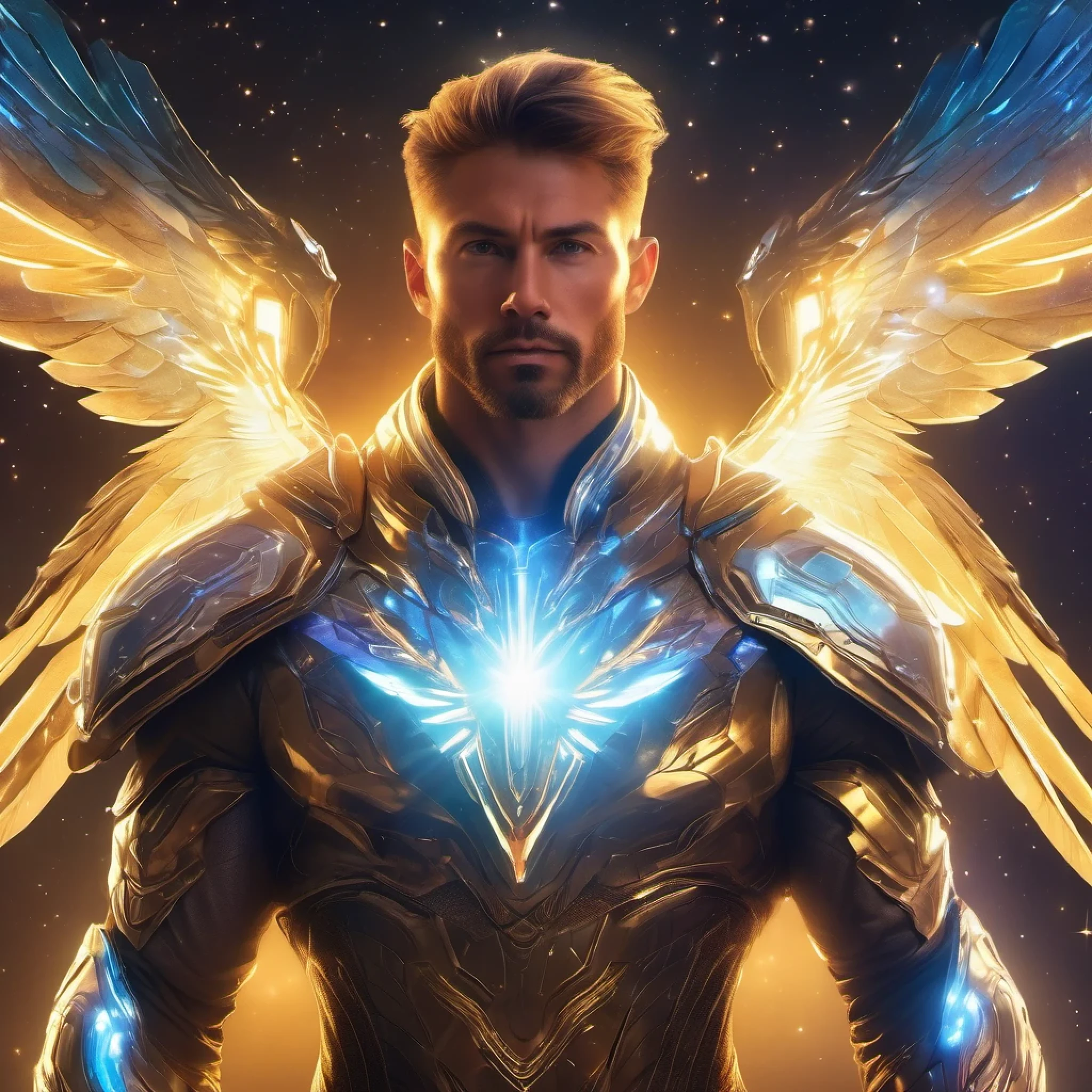 Powerful man in full height, looks into the lens, looks at the camera, short luminous combed straight back hair, bright glowing halo around the head, spiritual, divine with spread wings of light, Stars, suspended in the air, face glows, futuristic iridescent protective armor, futuristic glowing armor, even skin color, muscles detailed, Emits a powerful blinding light 