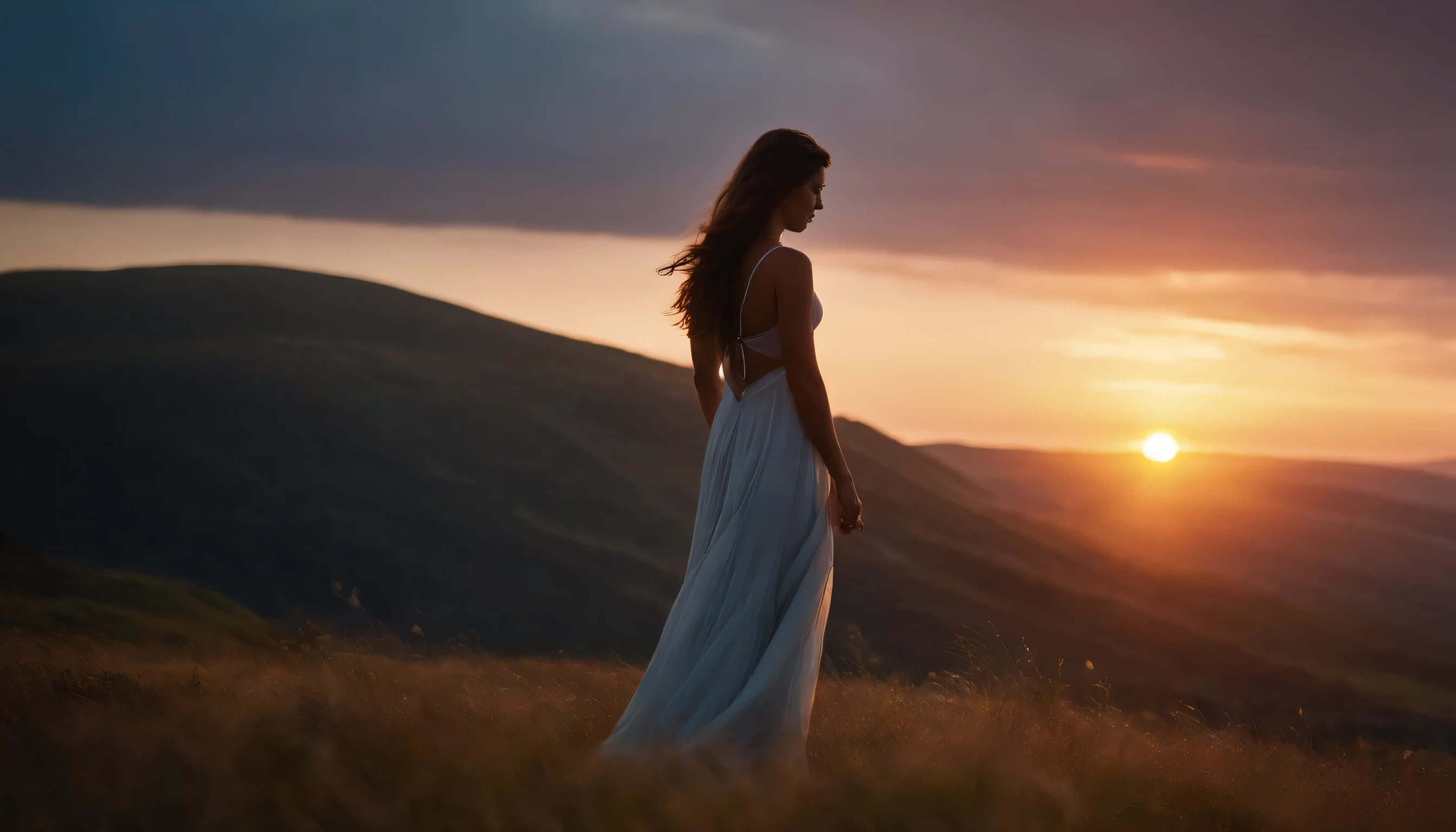 The girl's hair dances in the gentle breeze, cascading down her back like a waterfall of spun gold. Each strand seems to catch the dying light of the sun, shimmering with a soft glow. Her face, framed by tendrils of hair, is turned towards the horizon, where the sun dips below the edge of the world, casting long shadows across the landscape.
The hill beneath her is alive with the colors of sunset, the grass swaying in the wind like waves on an ocean. Wildflowers dot the landscape, their petals painted in hues of crimson, violet, and gold. Butterflies flit from bloom to bloom, adding to the enchantment of the scene.
In the distance, rolling hills stretch out as far as the eye can see, their outlines softened by the evening mist. The sky above is a canvas of warm pastels, with streaks of orange and pink blending seamlessly into the deepening blue of twilight. A few wispy clouds catch the last rays of sunlight, glowing like embers against the darkening sky.
Despite the beauty of the surroundings, the girl's focus remains on the setting sun, her gaze unwavering as she absorbs the tranquility of the moment. There is a sense of reverence in her posture, as if she is communing with something greater than herself, finding solace in the timeless rhythm of nature's cycles
