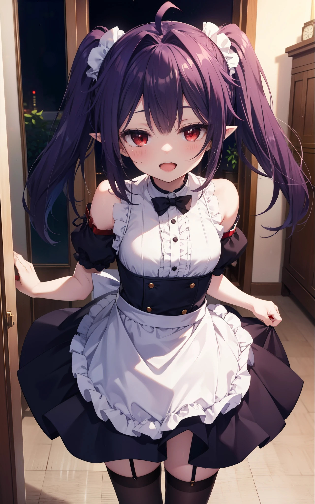 yuukikonno, Yuki Konno, hair band, long hair, pointy ears, purple hair, (red eyes:1.5), (small breasts:1.2),Ahoge,face tilted to one side, twin tails,Open your mouth and smile happy, smile, open your mouth,blush,she was wearing a maid skirt, black stockings on her legs, I&#39;m back with both arms behind one.,lean forward,peek from above,bare shoulders,Cute standing figure,night,moonlight,
break looking at viewer, Upper body, whole body,
break indoors, Bedroom,
break (masterpiece:1.2), highest quality, High resolution, unity 8k wallpaper, (shape:0.8), (fine and beautiful eyes:1.6), highly detailed face, perfect lighting, Very detailed CG, (perfect hands, perfect anatomy),