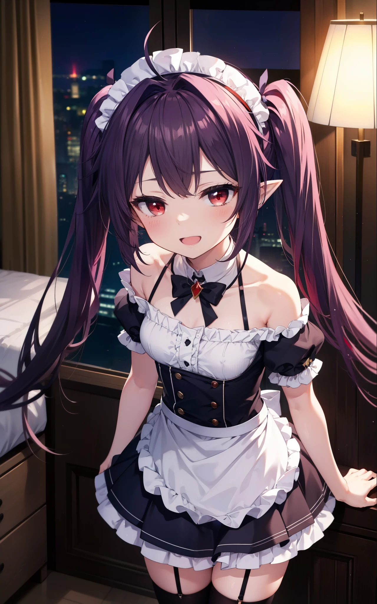 yuukikonno, Yuki Konno, hair band, long hair, pointy ears, purple hair, (red eyes:1.5), (small breasts:1.2),Ahoge,face tilted to one side, twin tails,Open your mouth and smile happy, smile, open your mouth,blush,she was wearing a maid skirt, black stockings on her legs, I'm back with both arms behind one.,lean forward,peek from above,bare shoulders,Cute standing figure,night,moonlight,
break looking at viewer, Upper body, whole body,
break indoors, Bedroom,
break (masterpiece:1.2), highest quality, High resolution, unity 8k wallpaper, (shape:0.8), (fine and beautiful eyes:1.6), highly detailed face, perfect lighting, Very detailed CG, (perfect hands, perfect anatomy),