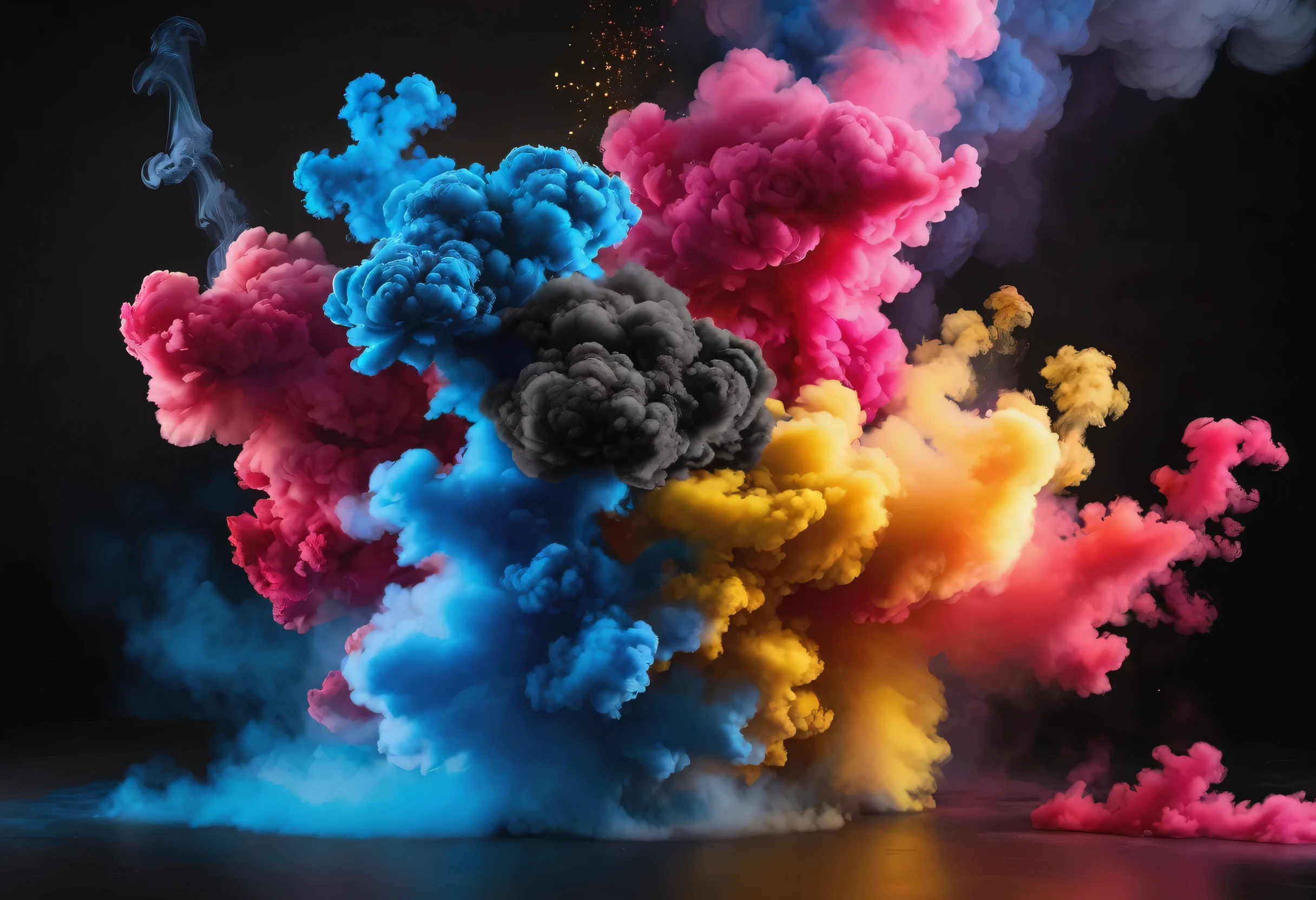 photo studio, sol noir brillant, background with explosions of multicolored smoke, rose, rouge, jaune, bleu
