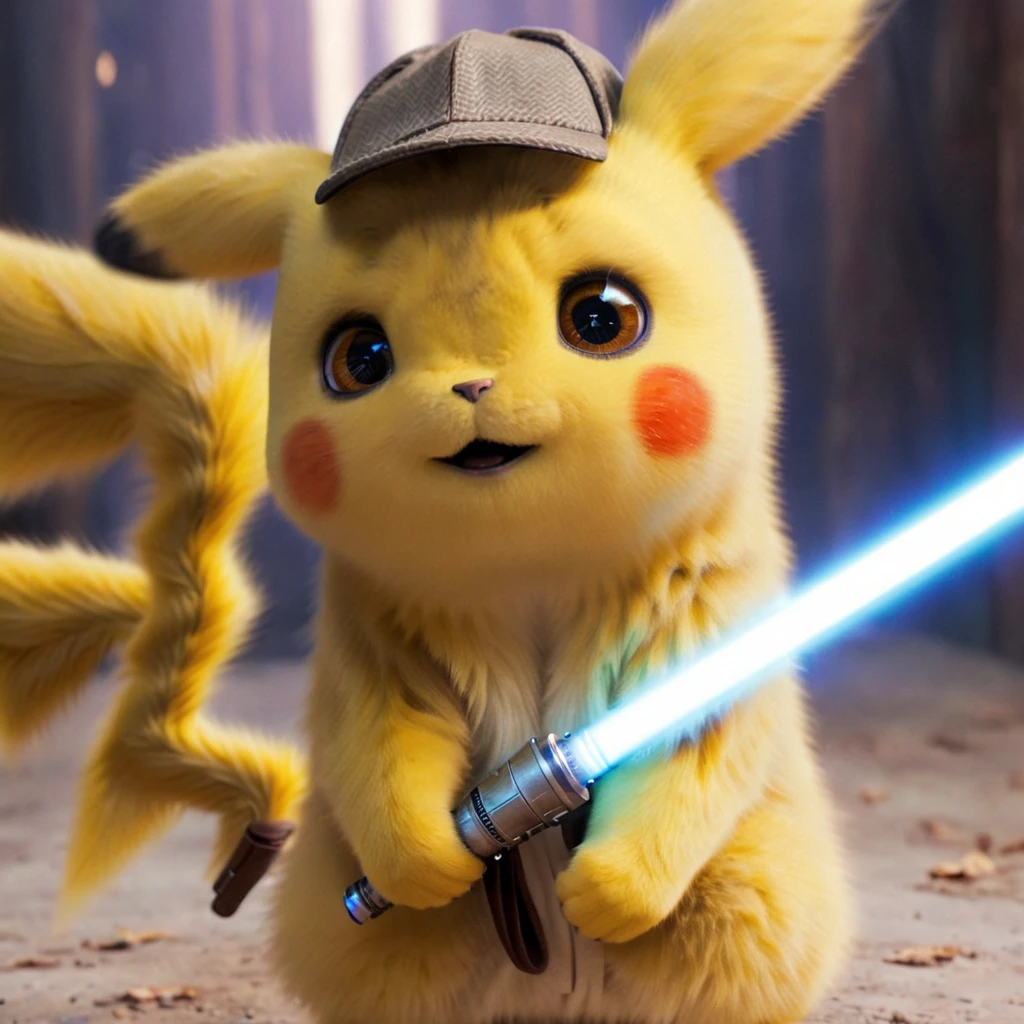 PIKACHU like a Jedi with a lightsaber, PIKACHU holding a lightsaber with both hands, delicate, impressionistic, bright, vivid, colorful, highly detailed, magnificent, heavenly, ethereal, ethereal, celestial, painterly, wonderful, magnificent, magical, fantasy art, Cover art, dreamy, watercolor ethereal fantasy concept art.