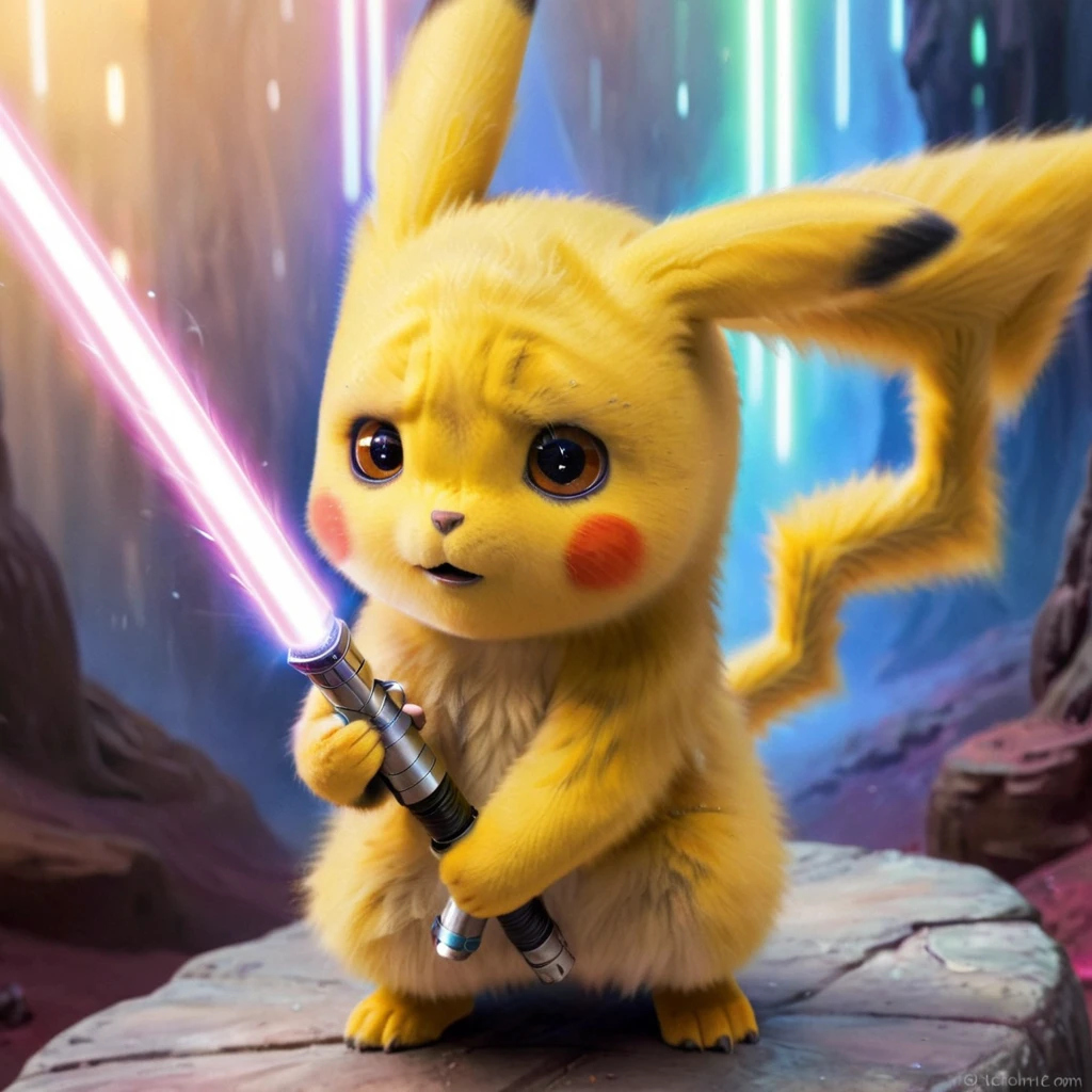 PIKACHU like a Jedi with a lightsaber, PIKACHU holding a lightsaber with both hands, delicate, impressionistic, bright, vivid, colorful, highly detailed, magnificent, heavenly, ethereal, ethereal, celestial, painterly, wonderful, magnificent, magical, fantasy art, Cover art, dreamy, watercolor ethereal fantasy concept art.