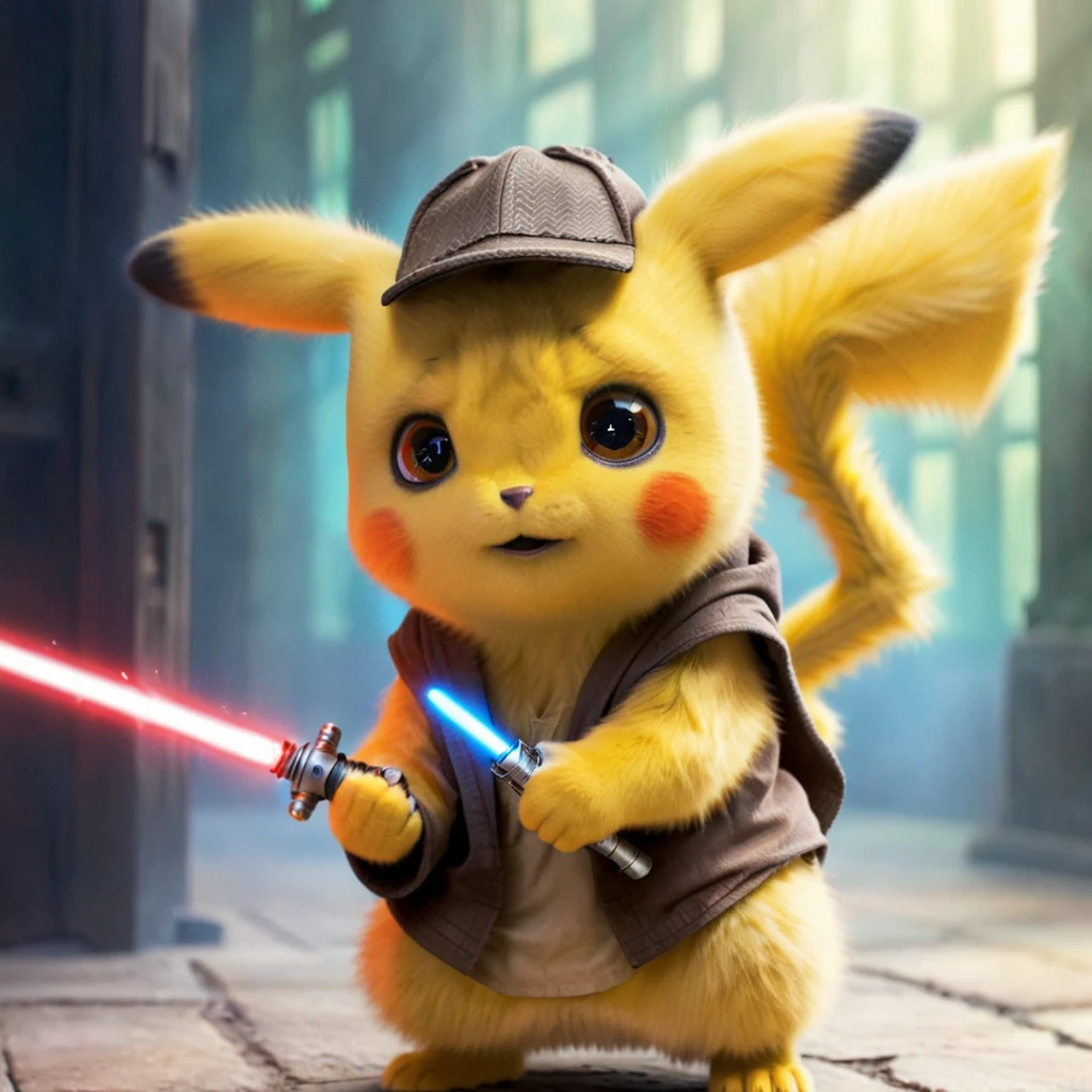 PIKACHU like a Jedi with a lightsaber, PIKACHU holding a lightsaber with both hands, delicate, impressionistic, bright, vivid, colorful, highly detailed, magnificent, heavenly, ethereal, ethereal, celestial, painterly, wonderful, magnificent, magical, fantasy art, Cover art, dreamy, watercolor ethereal fantasy concept art.