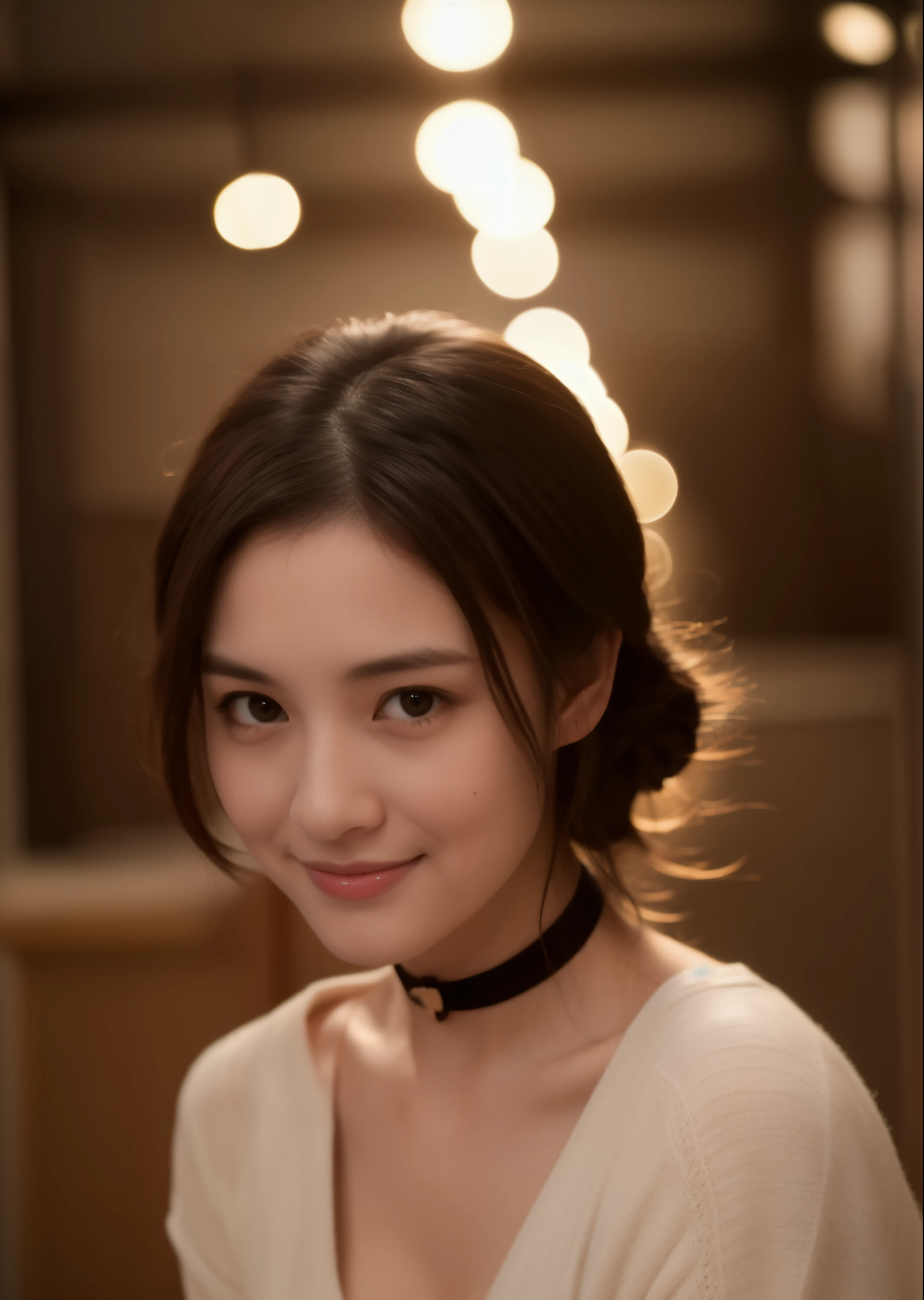 beautiful 40 year old woman。she is wearing a satin camisole、I&#39;I wear a choker around my neck。She is wearing a nurse's hat. 。She looks ecstatic as if she had an orgasm during sex..。her dark brown hair. High resolution、masterpiece、highest quality、頭w:1.0、((Hasselblad Photos))、fine skin、fine knit、(movie lighting)、clavicle . 