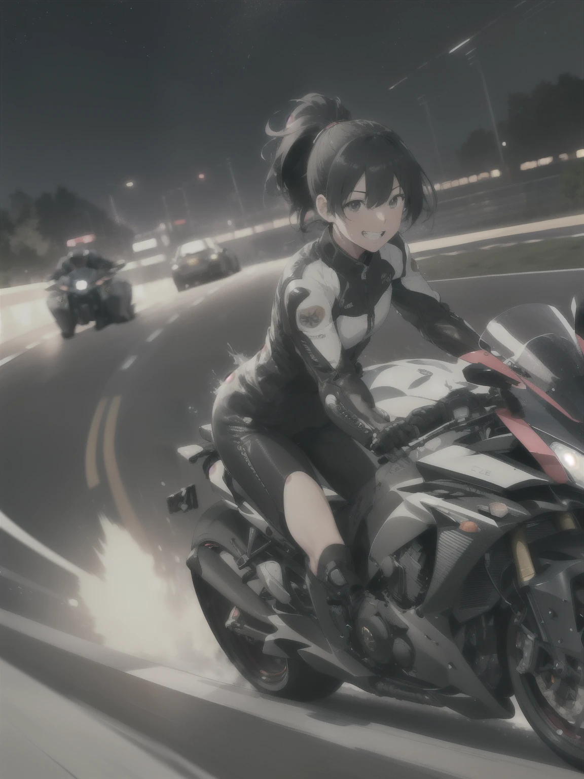 (anime,8K,masterpiece, highest quality, highest quality,beautiful and aesthetic:1.2,professional illustration:1.1,Super detailed:1.3,perfect lighting),very detailed,most detailed,incredibly absurd , High resolution, Super detaileded,Complex:1.6,BREbeK
(Mountain々), be (speeding violation), (((motorcycle:1.3))), high speed,(Slow motion:1.3),(motion blur:1.3),(speed line:1.4),((sense of speed:1.6)),(wait) ,BREbeK
(1 girl),(very detailed美しい顔と目,firm chest),oily skin,((black hair,short bob with short ponytail)),thin pubic hair,cute,Lovely,light smile,body suit,whole body, character focus, Front view, grin and laugh, smile,leaning forward posture