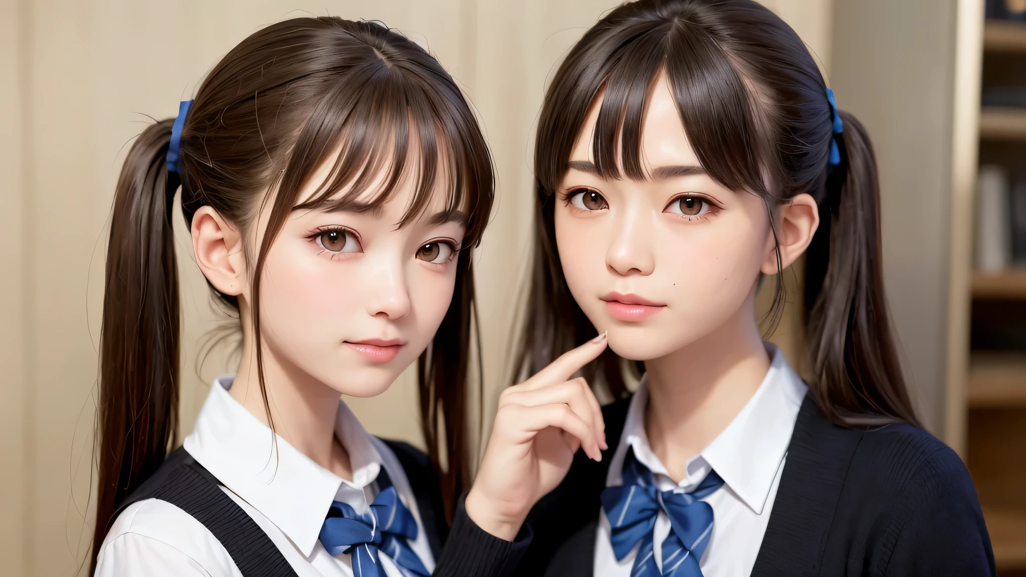 twin tails, (1young girl), 15yo, brown eyes, (highly detailed Beautiful face), (high school uniform:1.2), (Best Quality), (extremely detailed CG unified 8k wallpaper), Highly detailed, High-definition raw color photos, Professional Photography, Realistic portrait, evening, Extremely high resolution, smiling, cherry blossoms,