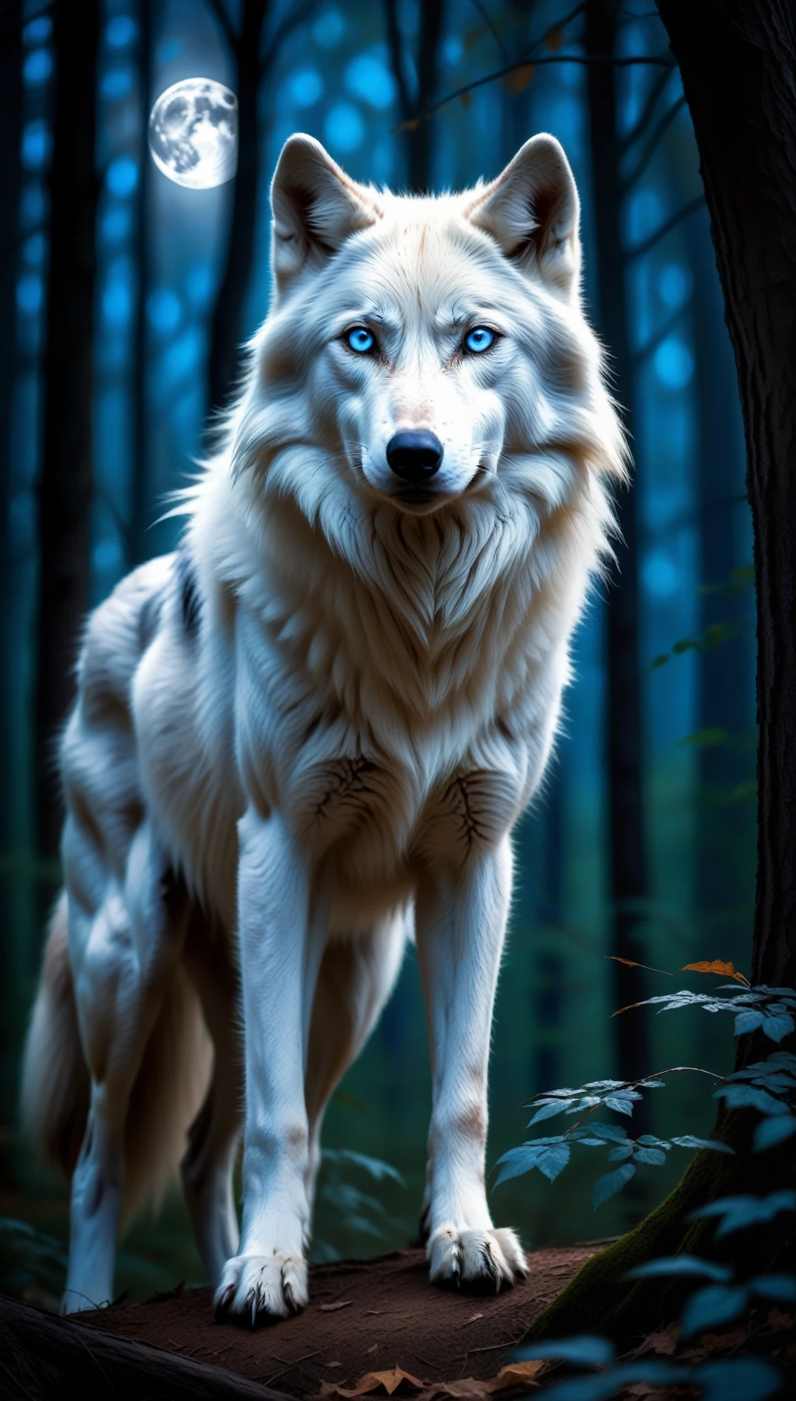 white wolf with blue eyes in the forest,realistic,highres,ultra-detailed,wildlife,night scene,moonlit,ominous shadows,dense foliage,quiet ambiance,majestic creature,poised,alert,sharp-pointed ears,fierce gaze,powerful presence,untamed beauty,ominous,striking contrast,fearsome predator,graceful and stealthy movements,dark and mysterious habitat,howl in the distance,black fur glimmering under moonlight,pristine and untouched environment,mystical atmosphere,vivid colors,whisper of the wind,rustling leaves,slender and muscular frame