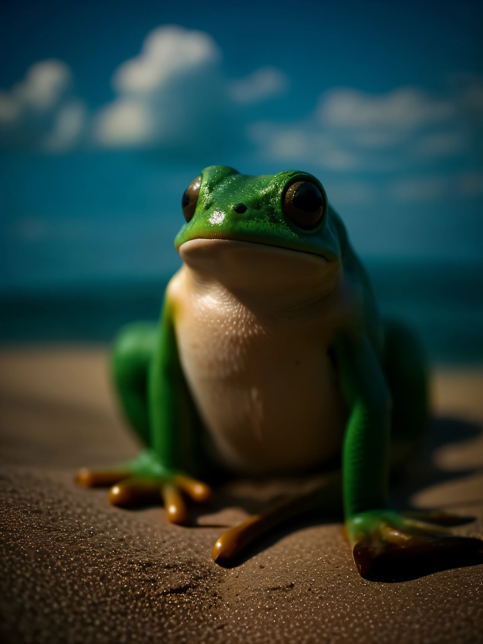 Hyper-detailed photograph of a frog wearing sunglasses under a tropical sky, day time,|photographic, realismo llevado al extremo, textura fina, incredibly realistic, cinematographic, Large Format Camera, realismo photographic, DSLR, 8k hd, HDR, ultra detallado, alta calidad, alto contraste