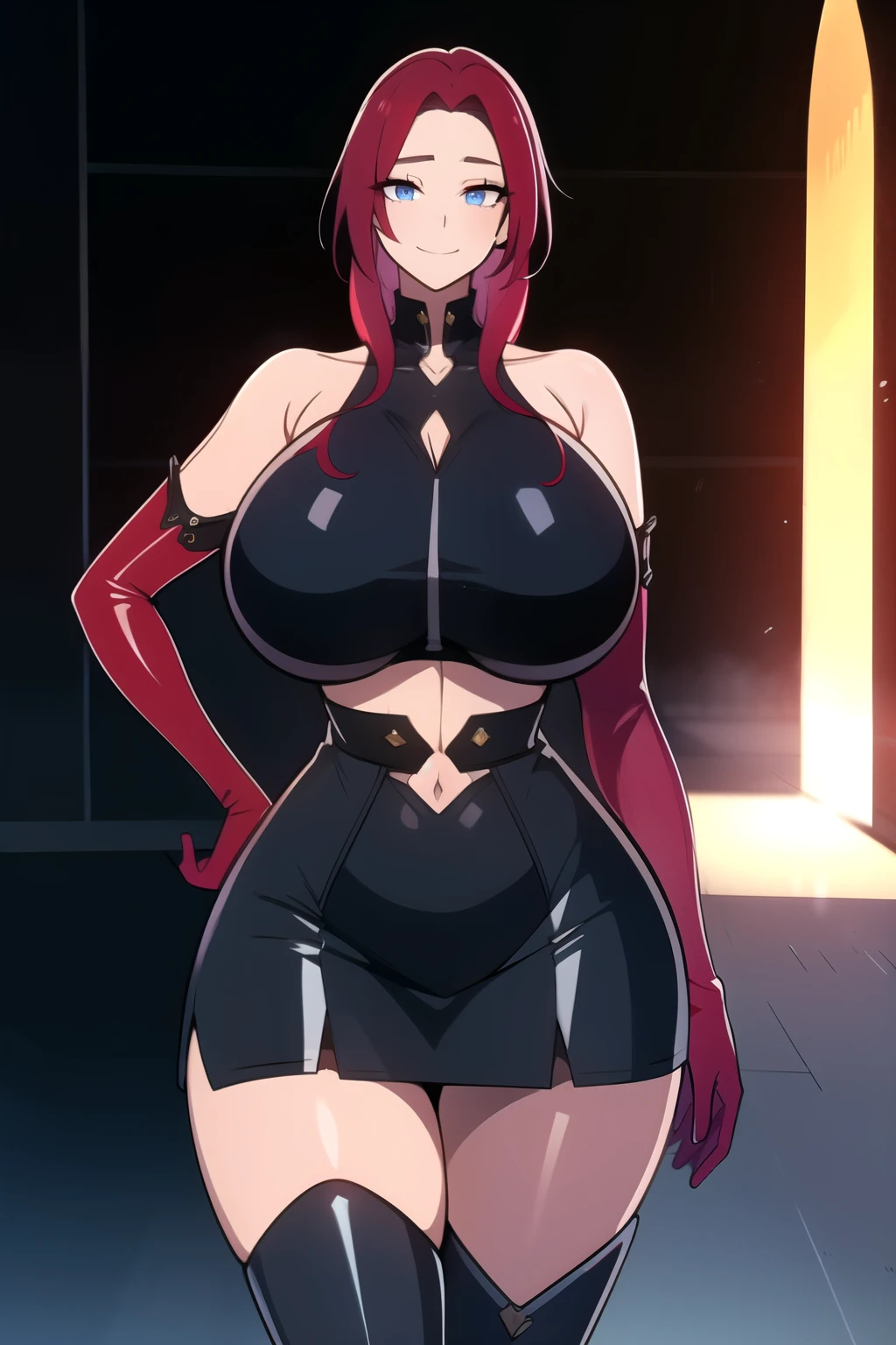 masterpiece, best quality, absurdres, 8k, perfect shadows,perfect lighting,hdr, cowboy shot,shiny skin,skindentation, beautiful body, kafka, ((red hair: 1.4)), long hair, blue eyes, (crop top, underboob, elbow gloves, thigh boots, split skirt, bare shoulders, curvy, midriff, curvy, thighs, higheels, shiny clothes), complex detailed background, inside, luxury palace) (gigantic breasts,hourglass body, thin waist,very slim waist)extremely detailed face,detailed eye makeup, detail face, nice detailed eyes,nice hands, perfect hands (realistic pupils,realistic iris:1) heavy eye makeup,glowing eyes, Bright eyes,standing,standing at attention,(seductive smile), gigantic breasts, curvy