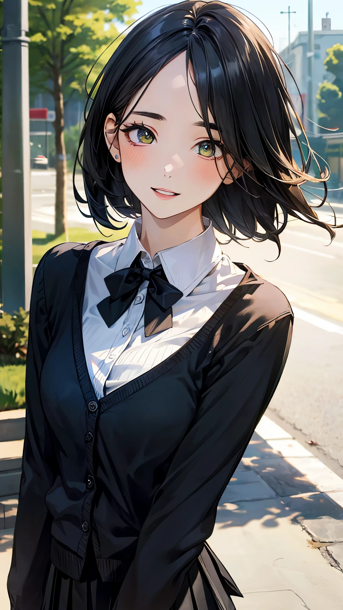 (masterpiece:1.2, top-quality), (realistic, photorealistic:1.4), beautiful illustration, (natural side lighting, movie lighting), ,
looking at viewer, 1 girl, , high school girl, perfect face, cute and symmetrical face, shiny skin,
(short hair:1.5, long bob cut:1.1, black hair), (forehead), dark yellow green eyes, big eyes, drooping eyes, long eye lasher, (large breasts:0.8), slender,
beautiful hair, beautiful face, beautiful detailed eyes, beautiful clavicle, beautiful body, beautiful chest, beautiful thigh, beautiful legs, beautiful fingers,
((overly long sleeve black cardigan, white collared shirts, black pleated mini skirt), dark red bow tie),
(beautiful scenery), morning, (outdoors), walking, (lovely smile, upper eyes, parted lips),