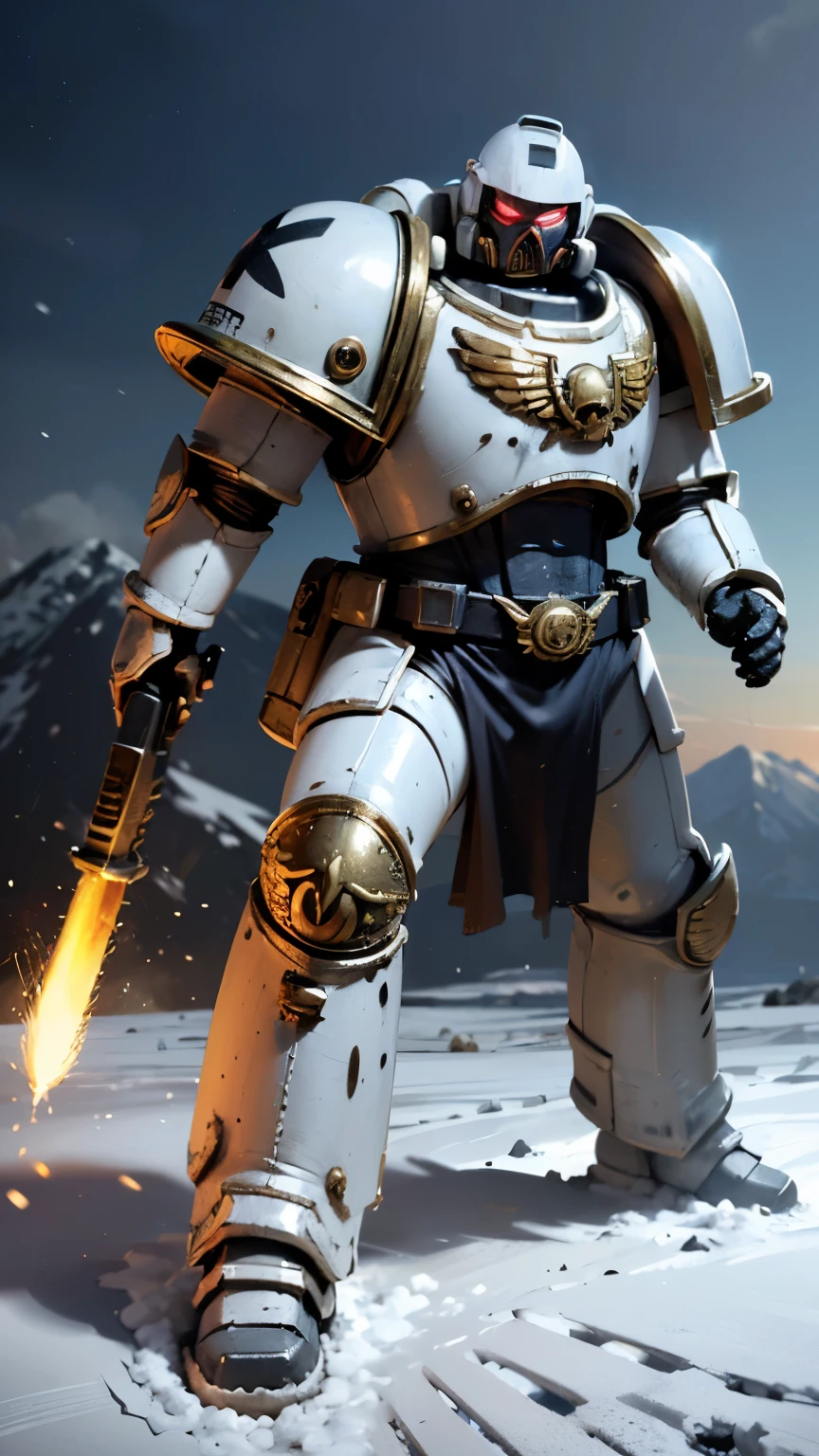 A light-blue and white space marine troop, in an ice plain, during a snowstorm, ((light-blue and white armor, St99rong suit , dramatic light, space marine, light blue armor, fighting pose, snowstorm, snow mountains in the background, a dreadnout in the background, space marine mask, chainsaw sword, strong man, masterpiece, space marine,(Epic armor, metal reflections), hdr, best quality, uhd, 8k resolution, best light, realistic, detailed background, detailed face, detailed hands, full body, (city ruins)(open field surrounded by fire), (alien planet), (spaceships flying in the sky) (white armor highlights) high detailed mask, Warhammer Adeptus, Adeptus Masck