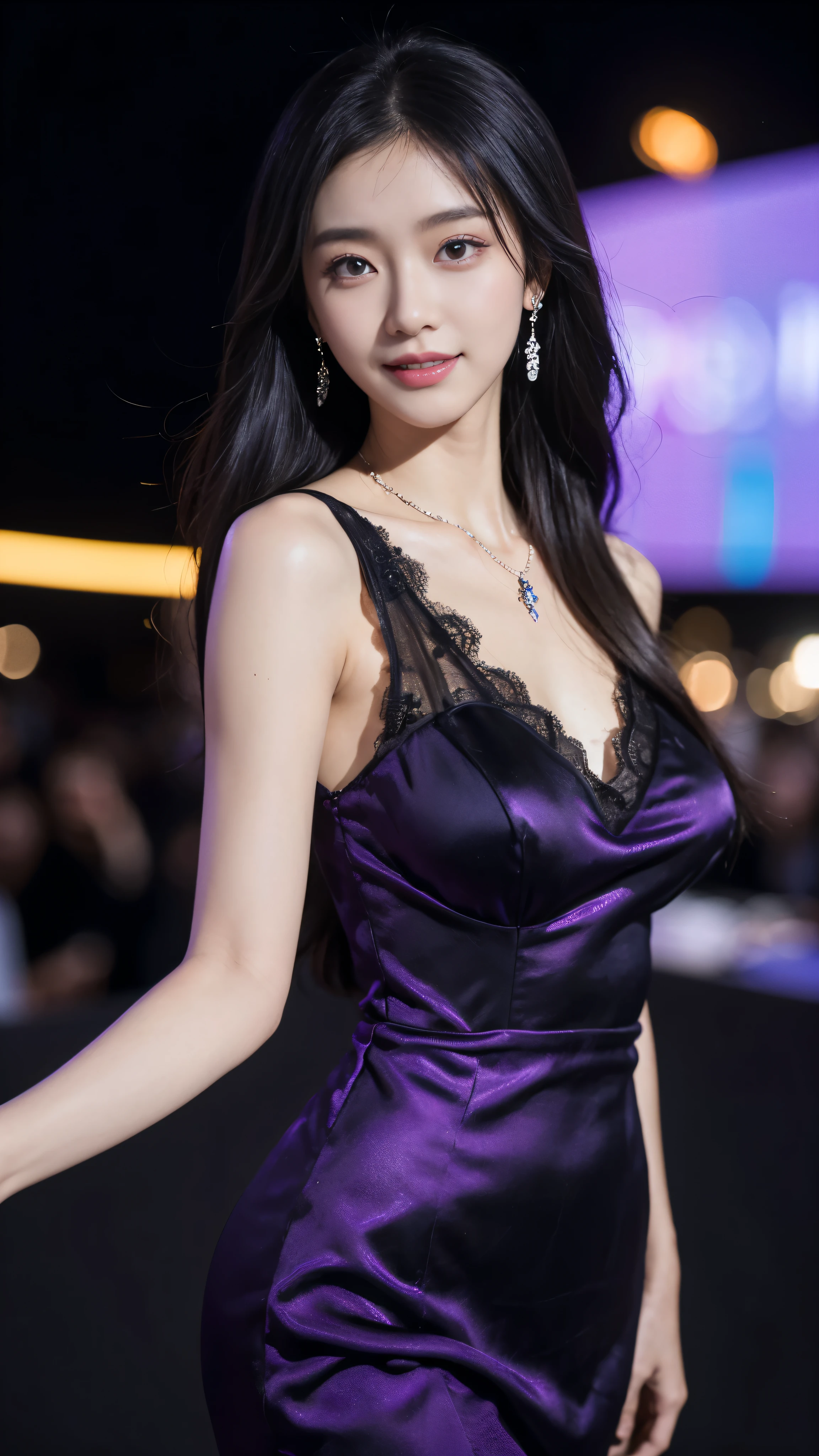 8K, masterpiece, original photo, best quality, lifelike, extremely detailed CG unity 8K wallpaper, depth of field, film light, lens flare, Ray tracing, (extremely beautiful face, beautiful lips, beautiful eyes), Intricately detailed face, ((Super fine skin)) 1 girl, in the darkness, deep shadow, Beautiful Korean girl, K-pop idol,(Very slim、slim、muscular body:1.3), ((looking at the audience)),(A big smile:1.3), (bodycon mini dress), (shooting sleeve) , (dim lights, (neon lights), (building), city night, city View ), (no one in the background:1.3), Beautiful Korean girl, earrings, bracelet, Dia Necklace, pantyhose, clear eyes, walk , Frontal shooting, (pale skin), face forward, (big eyes), ((upper body shot)), ((silk lace)), ((Black, purple dress:1.3)), (looking at the audience:1.3), (see through, lace dress), open breast, Hermès bags