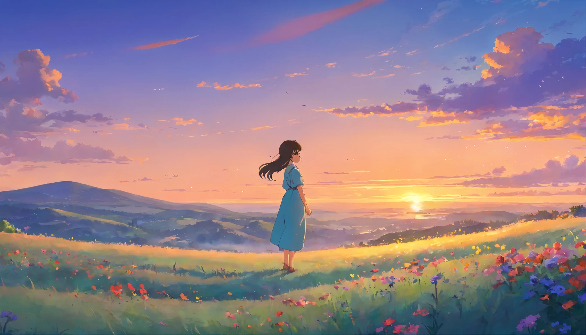 The girl's hair dances in the gentle breeze, cascading down her back like a waterfall of spun gold. Each strand seems to catch the dying light of the sun, shimmering with a soft glow. Her face, framed by tendrils of hair, is turned towards the horizon, where the sun dips below the edge of the world, casting long shadows across the landscape.
The hill beneath her is alive with the colors of sunset, the grass swaying in the wind like waves on an ocean. Wildflowers dot the landscape, their petals painted in hues of crimson, violet, and gold. Butterflies flit from bloom to bloom, adding to the enchantment of the scene.
In the distance, rolling hills stretch out as far as the eye can see, their outlines softened by the evening mist. The sky above is a canvas of warm pastels, with streaks of orange and pink blending seamlessly into the deepening blue of twilight. A few wispy clouds catch the last rays of sunlight, glowing like embers against the darkening sky.
Despite the beauty of the surroundings, the girl's focus remains on the setting sun, her gaze unwavering as she absorbs the tranquility of the moment. There is a sense of reverence in her posture, as if she is communing with something greater than herself, finding solace in the timeless rhythm of nature's cycles