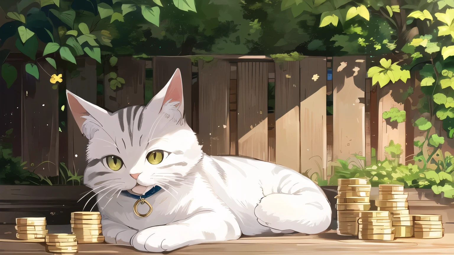 a cat,white cat,Lucky Cat,Cat with gold coins on its paw,Lazy cat