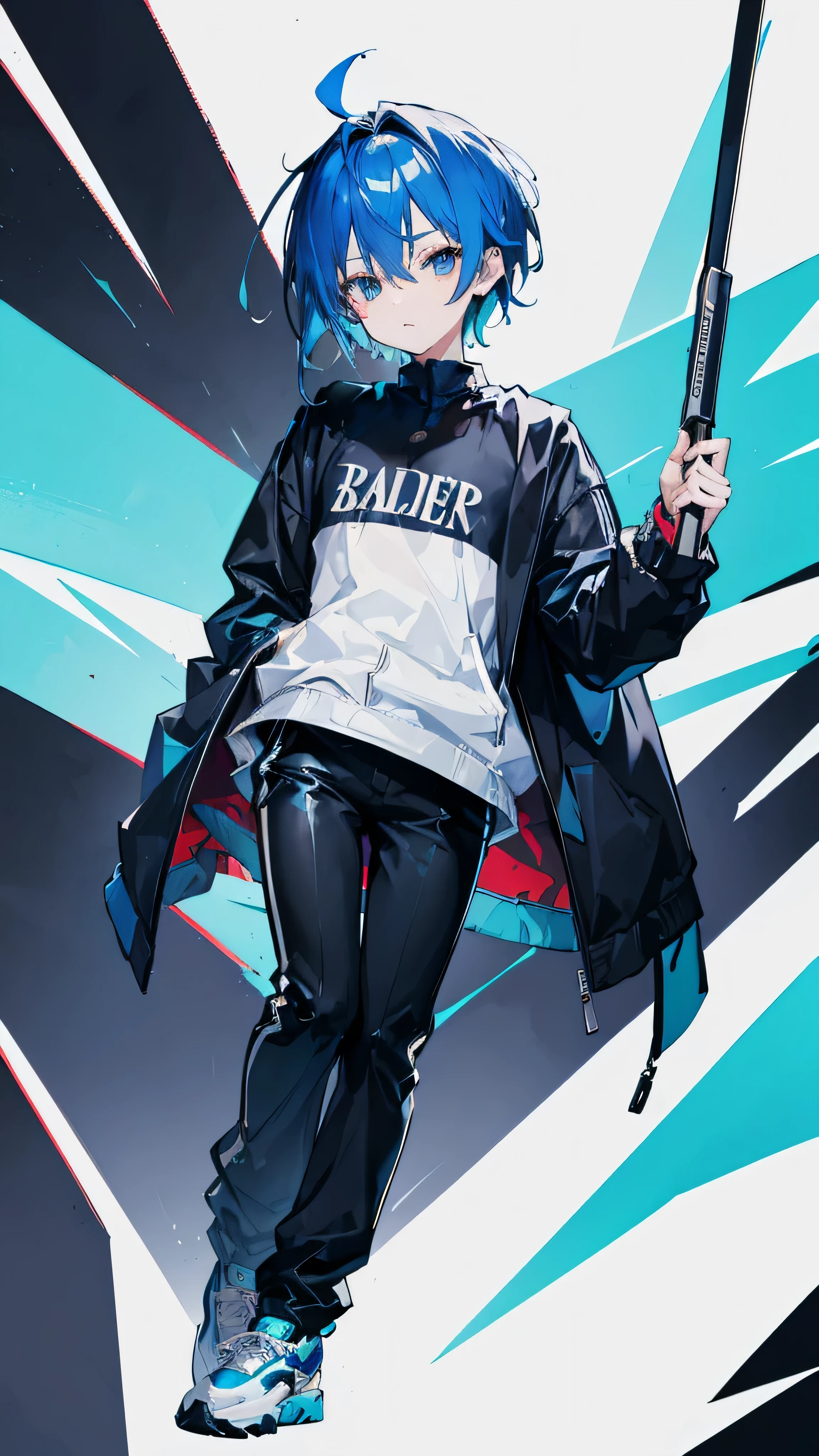 (blue hair,golden highlights,standing pose,upper body in a white windbreaker jacket,lower body in a gray open-zipper jacket,flat chest,short hair,shota,full body,portrait,short stature,long pants),(highres:1.2),vibrant colors,anime art style,painting-like effect,soft lighting,blue color palette,sharp focus