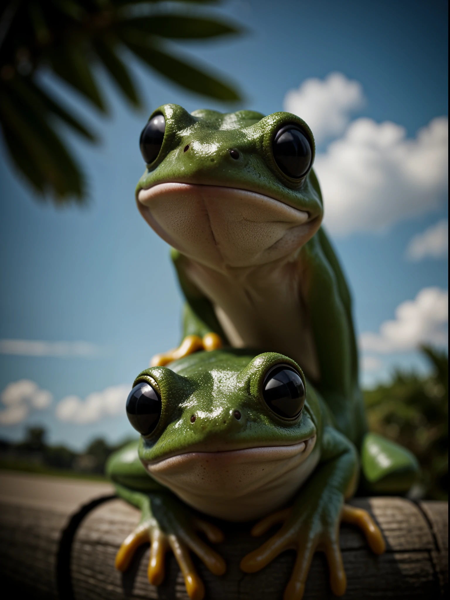 Hyper-detailed photograph of a frog wearing sunglasses under a tropical sky, DAY HOUR,|photographic, realismo llevado al extremo, textura fina, incredibly realistic, cinematographic, Large Format Camera, realismo photographic, DSLR, 8K HD, HDR, ultra detallado, alta calidad, alto contraste