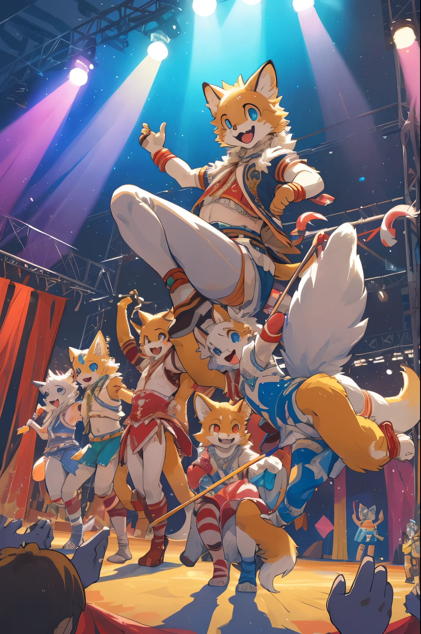 top quality, best quality, High-quality illustrations, masterpiece, super high resolution, detailed background, detailed background, circus, colorful light, Acrobat, stage, group shot:0.1, 6+boys, 6+girls, Happy, joyful, absurdres(highly detailed beautiful face and eyes)perfect anatomy(kemono, furry anthro),