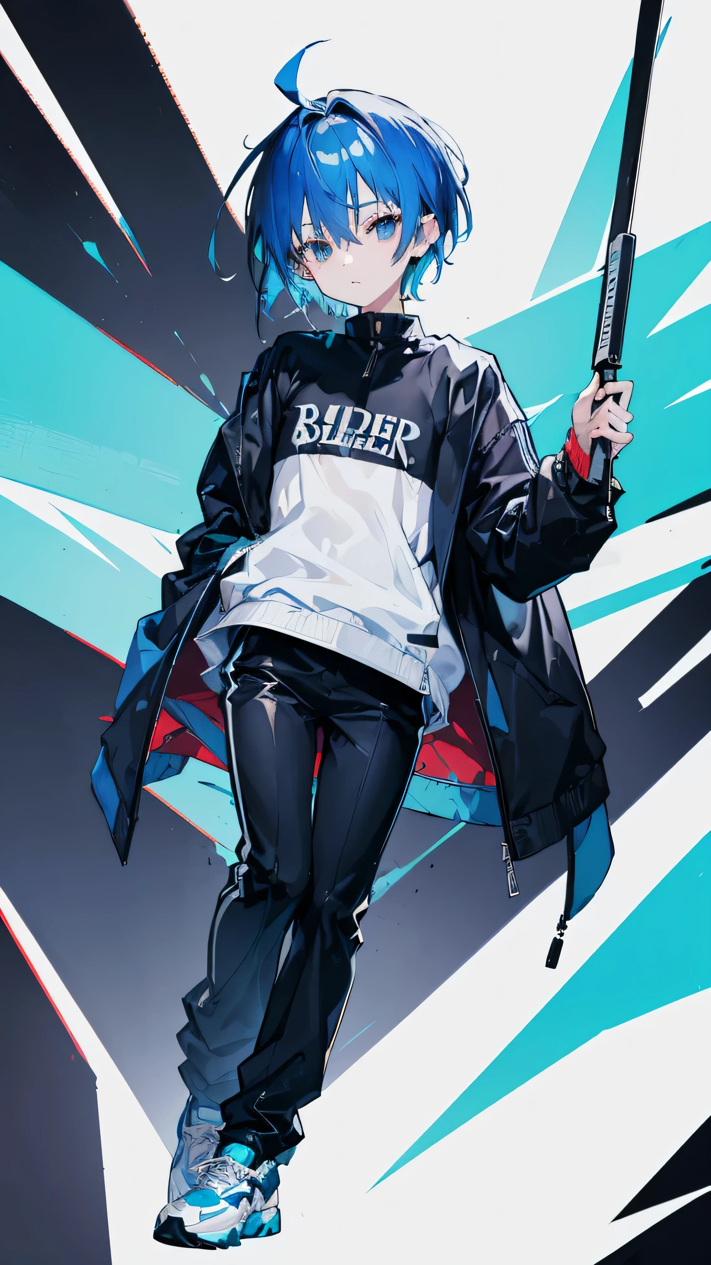 (blue hair,golden highlights,standing pose,upper body in a white windbreaker jacket,lower body in a gray open-zipper jacket,flat chest,short hair,shota,full body,portrait,short stature,long pants),(highres:1.2),vibrant colors,anime art style,painting-like effect,soft lighting,blue color palette,sharp focus