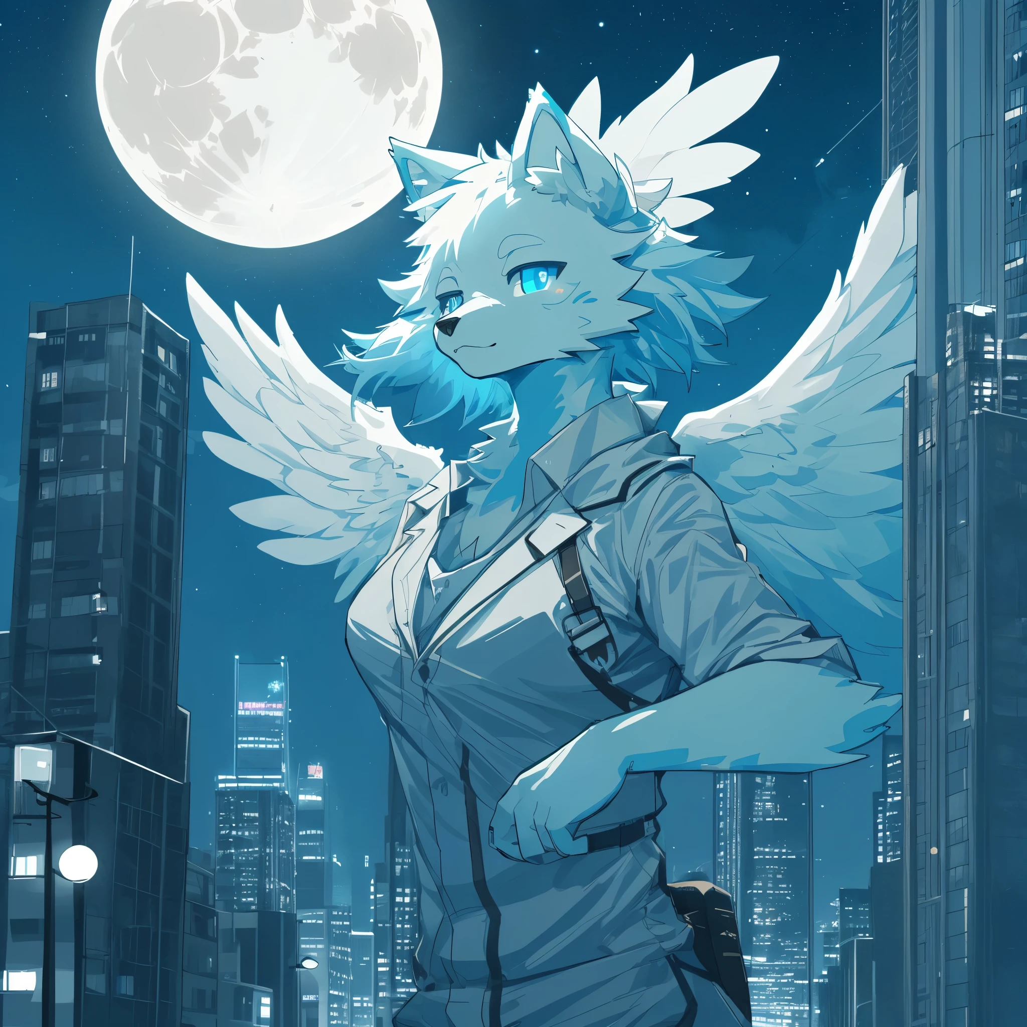 High-key, high-contrast, perspective, top quality, best quality, High-quality illustrations, masterpiece(angelic cute 1girl, kemono, solo focus)(furry anthro)Night sky, skyscraper, Shining neon, Illuminated billboards, Laser lights extending from buildings to the sky, full moon(highly detailed beautiful face and eyes)absurdres, perfect anatomy,