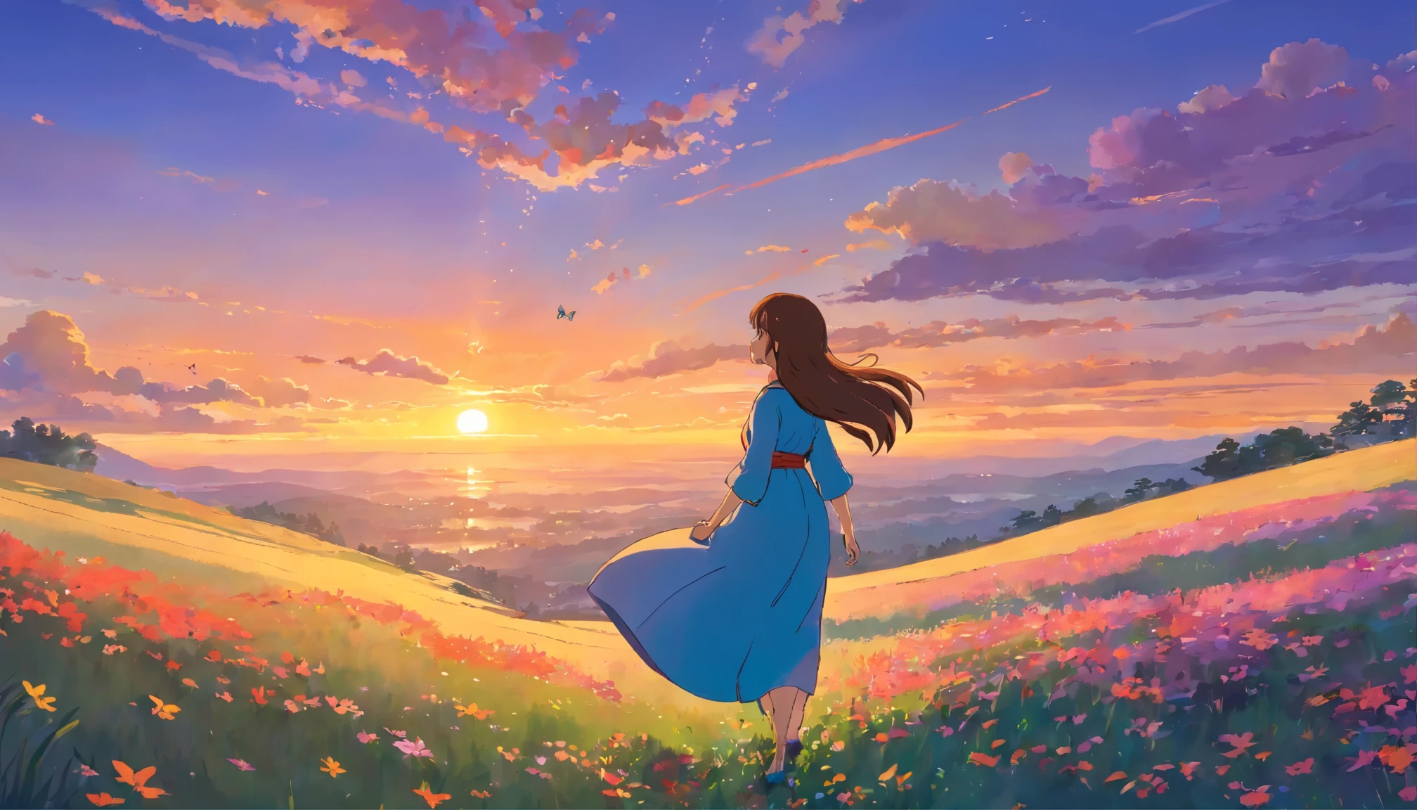The girl's hair dances in the gentle breeze, cascading down her back like a waterfall of spun gold. Each strand seems to catch the dying light of the sun, shimmering with a soft glow. Her face, framed by tendrils of hair, is turned towards the horizon, where the sun dips below the edge of the world, casting long shadows across the landscape.
The hill beneath her is alive with the colors of sunset, the grass swaying in the wind like waves on an ocean. Wildflowers dot the landscape, their petals painted in hues of crimson, violet, and gold. Butterflies flit from bloom to bloom, adding to the enchantment of the scene.
In the distance, rolling hills stretch out as far as the eye can see, their outlines softened by the evening mist. The sky above is a canvas of warm pastels, with streaks of orange and pink blending seamlessly into the deepening blue of twilight. A few wispy clouds catch the last rays of sunlight, glowing like embers against the darkening sky.
Despite the beauty of the surroundings, the girl's focus remains on the setting sun, her gaze unwavering as she absorbs the tranquility of the moment. There is a sense of reverence in her posture, as if she is communing with something greater than herself, finding solace in the timeless rhythm of nature's cycles