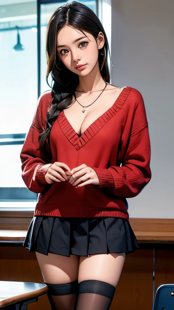 1 girl、A beautiful girl with braided black hair stares at me.、embarrassed look、baby face、Although slender、flat chest、Decolletage、Glossy skin、cleavage、Cleavage peeks out from the chest of the brown sweater、red pleated skirt、necklace、black knee highs、In the school classroom、anatomically correct、precise fingers、Accurate Limbuster Piece、Photography Reality、