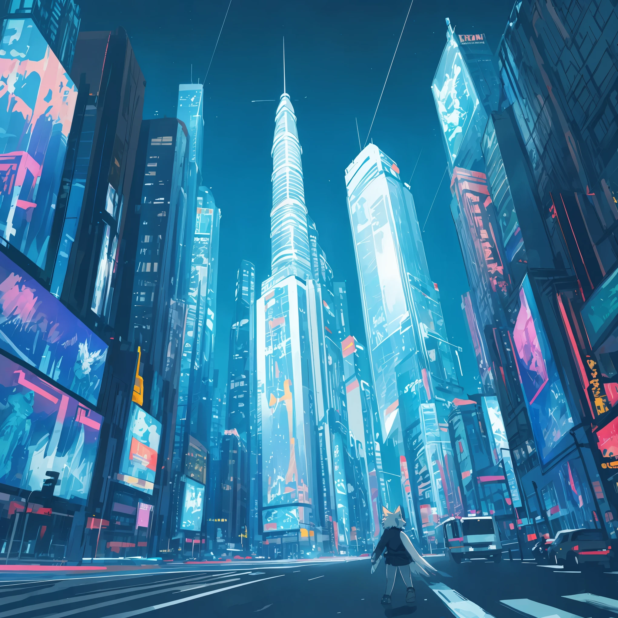 High-key, high-contrast, cover page, highres, top quality, best quality, paid reward available, unparalleled masterpiece, perfect artwork, absurdres, perspective, higher, masterpiece, perfect anatomy(angelic cute 1girl, kemono, solo focus)(furry anthro)Night sky, skyscraper, Shining neon, Illuminated billboards, Laser lights extending from buildings to the sky, full moon,