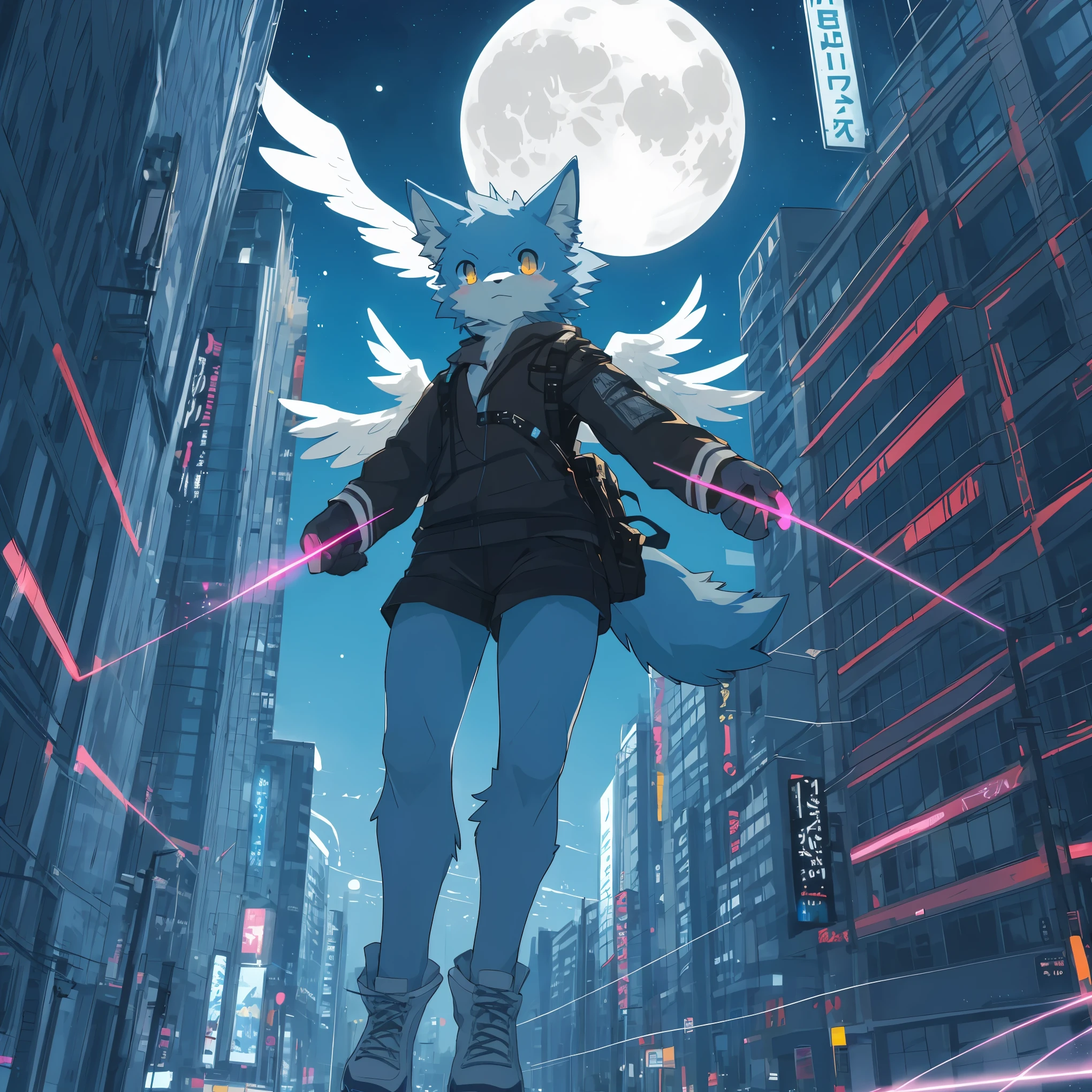 High-key, high-contrast, cover page, highres, top quality, best quality, paid reward available, unparalleled masterpiece, perfect artwork, absurdres, perspective, higher, masterpiece, perfect anatomy(angelic cute 1girl, kemono, solo focus)(furry anthro)Night sky, skyscraper, Shining neon, Illuminated billboards, Laser lights extending from buildings to the sky, full moon,