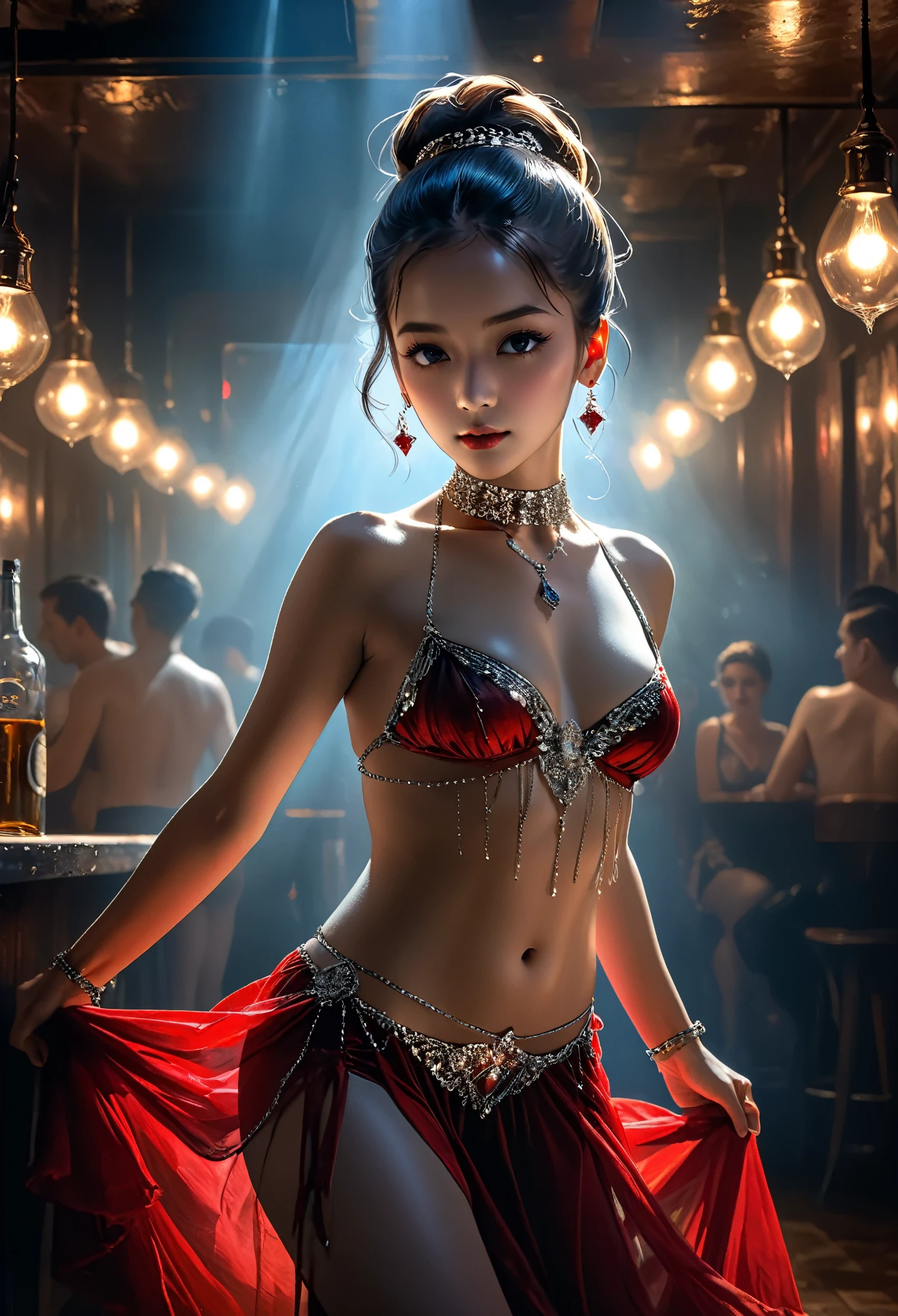 An ancient portrait oil painting, a young asian dancer, Wearing a metal bikini, thin veil, Shiny fine chain ornaments, Waist chain, With a tulle shawl, Reveals a sexy belly, Dancing in a dark, rundown tavern, dim lights, clear lighting, Drunks drinking, backlight, Dancer silhouette, ((Dancing moves:1.8)), Red gauze dress, Girl dancer with heavy makeup, Detailed hair, Detailed eyes, single ponytail, Expressionism, Constructivism, out of frame, zoom layer, dutch angle, wide shot, Art Deco, rococo style, chiaroscuro, UHD, anatomically correct, textured skin, best quality, highres, 8k