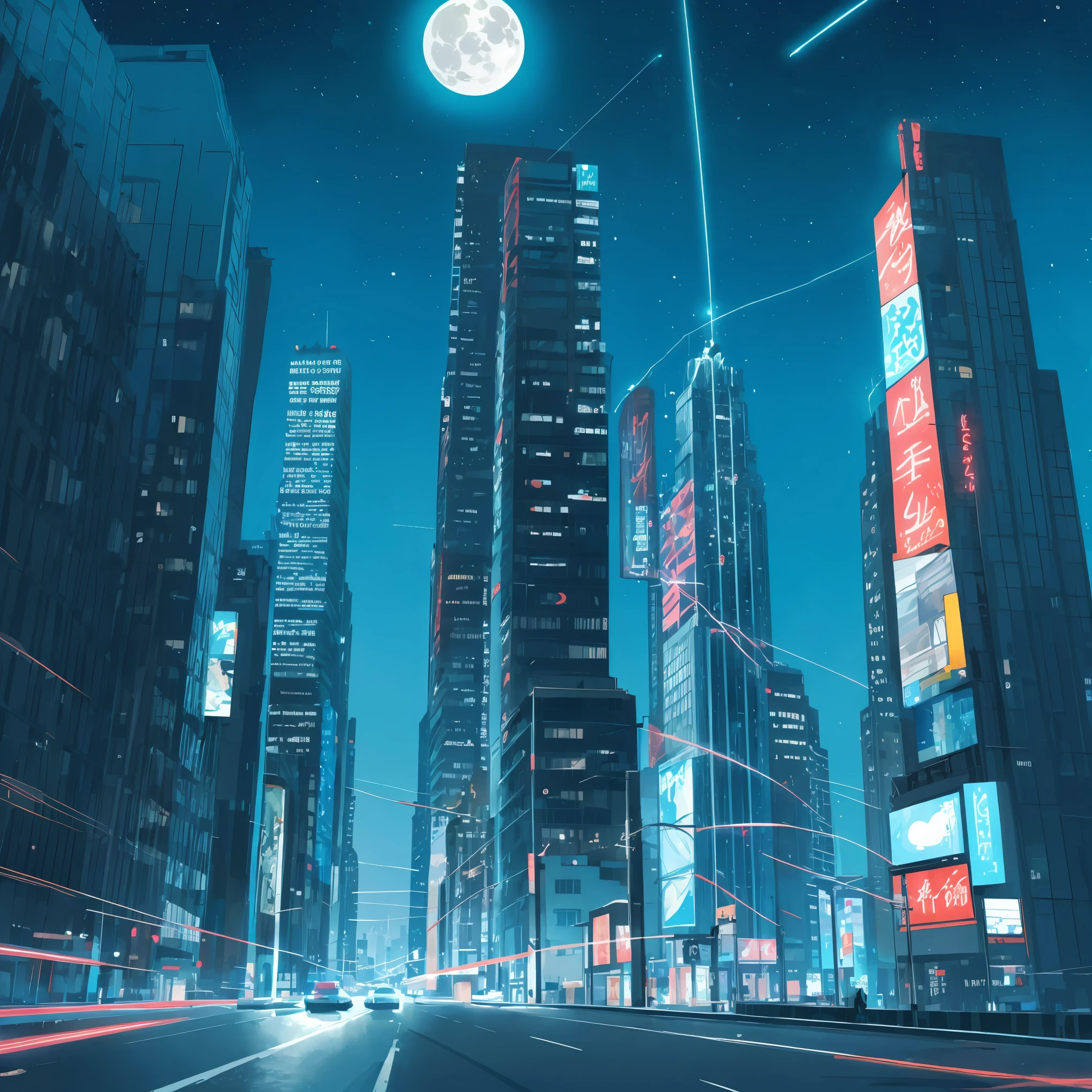High-key, high-contrast, cover page, highres, top quality, best quality, paid reward available, unparalleled masterpiece, perfect artwork, absurdres, perspective, higher, masterpiece, perfect anatomy(angelic cute 1girl, kemono, solo focus)(furry anthro)Night sky, skyscraper, Shining neon, Illuminated billboards, Laser lights extending from buildings to the sky, full moon,
