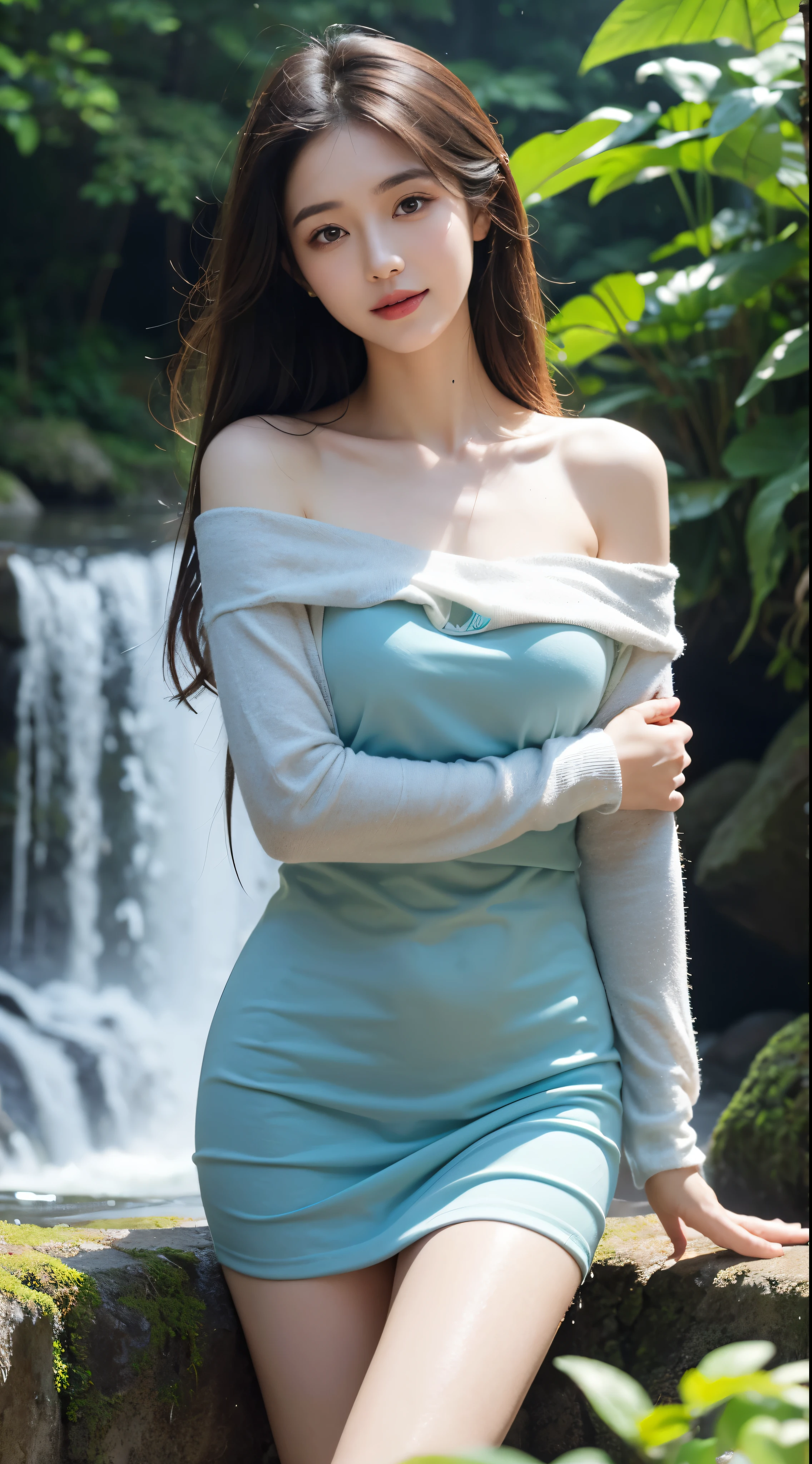 Sweet girly clothes 4,off shoulder dress,jewelry,Robbery girls, liuyifei, ((Cowboy shooting)), (best quality, masterpiece:1.2), Super detailed, (actual:1.37), fair, young, Charming model with (delicate eyes, delicate lips, extremely delicate eyes), white and floral, show a bright smile, Slender figure, long legs, Created a stunning depiction of a girl enjoying the water,  actual waterfalls, wet clothes and hair,  bright sunshine,  Lush green plants, refreshing mist, elegant posture, Random pose, random perspective, Get wet under the waterfall, waterfall falls on her
